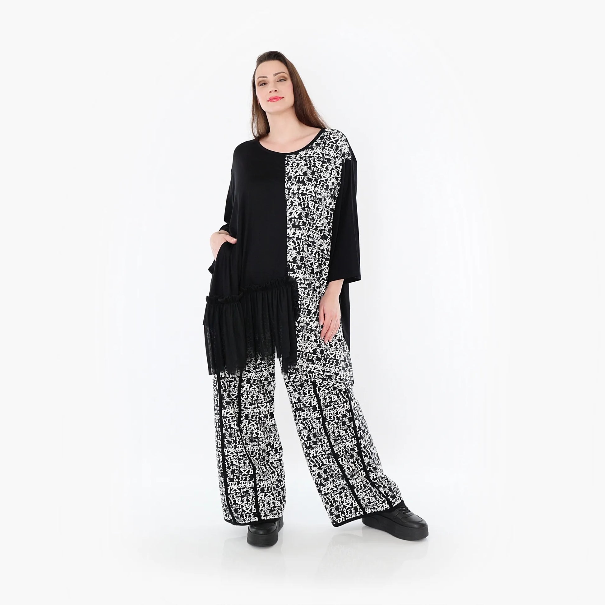  A-Form Bigshirt von AKH Fashion aus Viskose, 1475.07075, Schwarz/Weiß, Buchstaben, Schick
