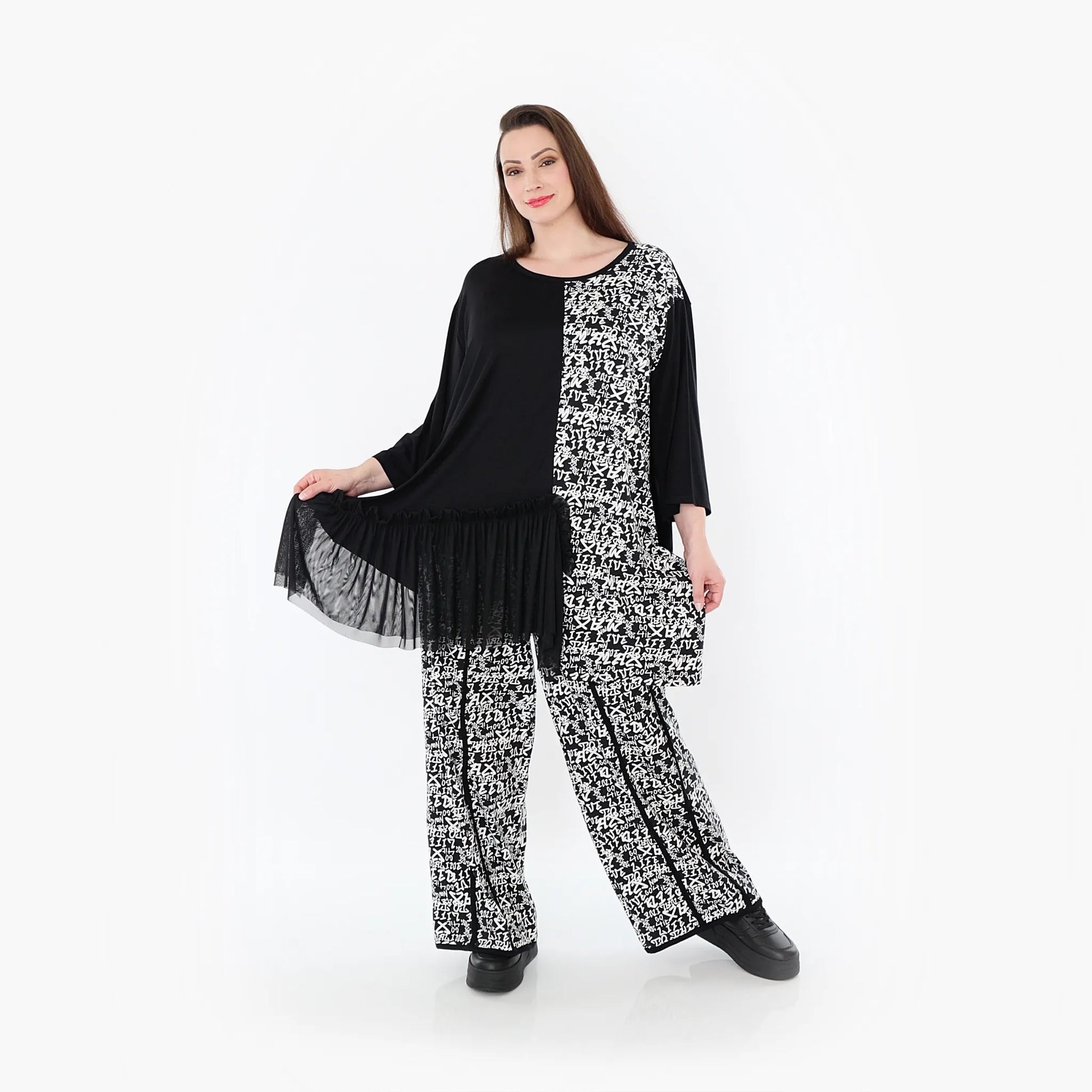  A-Form Bigshirt von AKH Fashion aus Viskose, 1475.07075, Schwarz/Weiß, Buchstaben, Schick