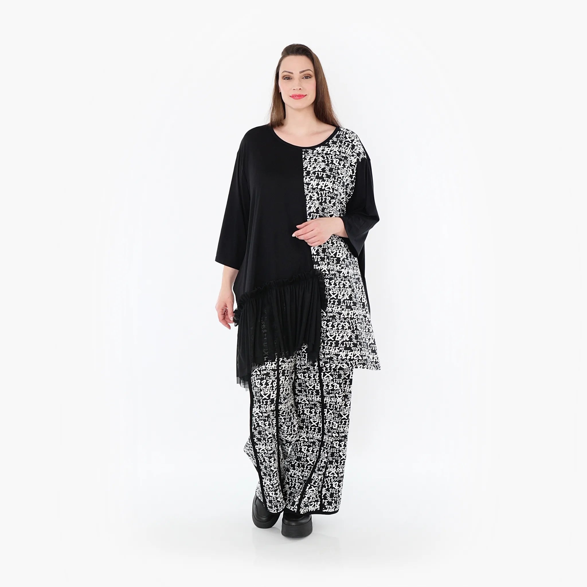  A-Form Bigshirt von AKH Fashion aus Viskose, 1475.07075, Schwarz/Weiß, Buchstaben, Schick