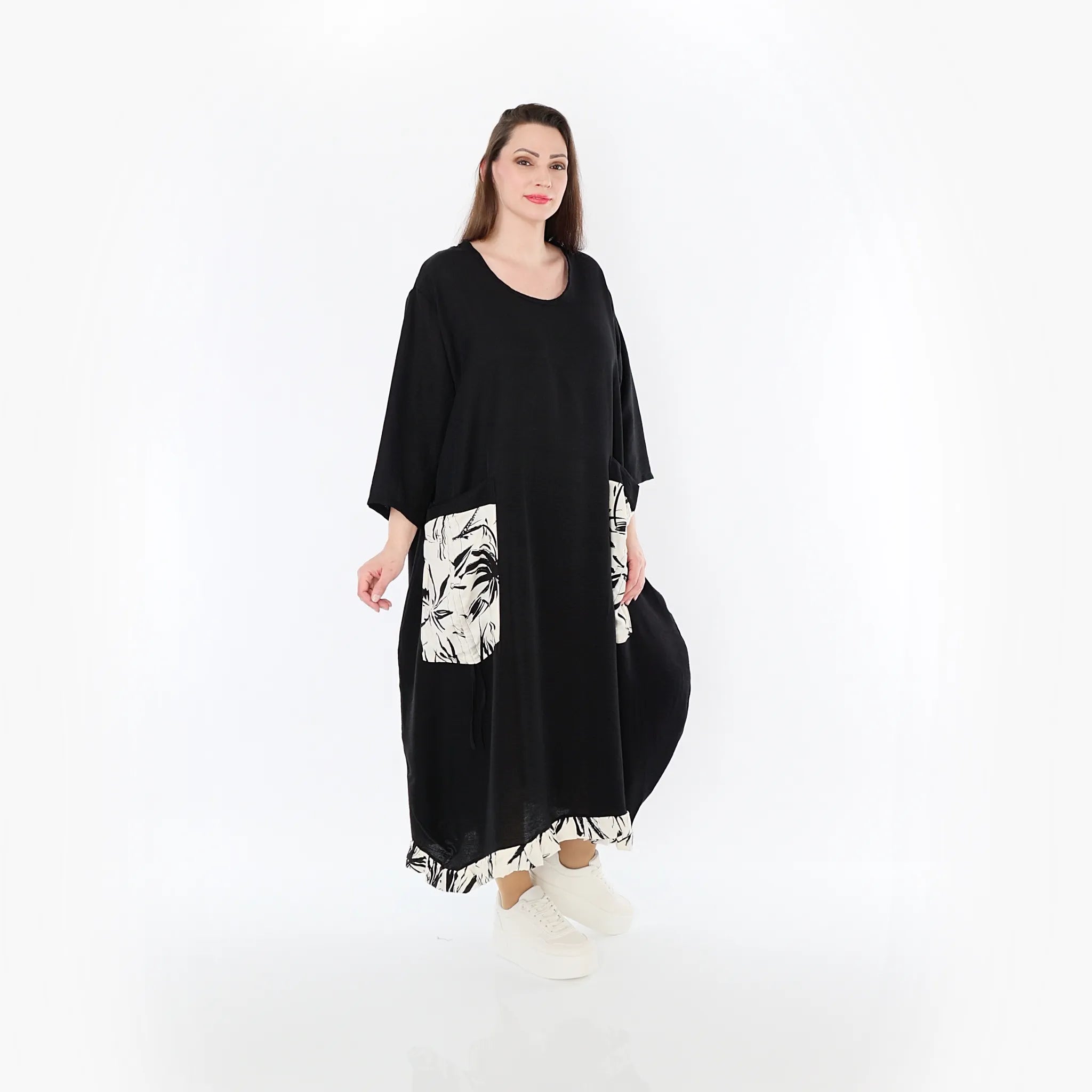  Ballonkleid von AKH Fashion aus Baumwolle, 1477.07071, Schwarz/Ecru, Ausgefallen, Zeitlos