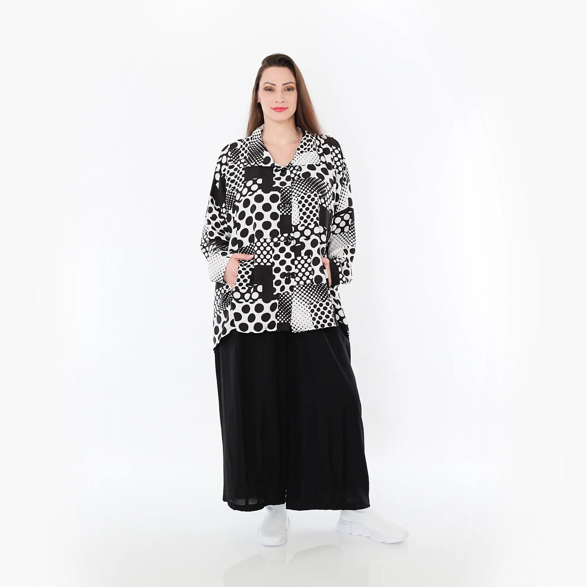  A-Form Jacke von AKH Fashion aus Viskose, 1481.02222, Schwarz/Weiß, Punkte, Ausgefallen