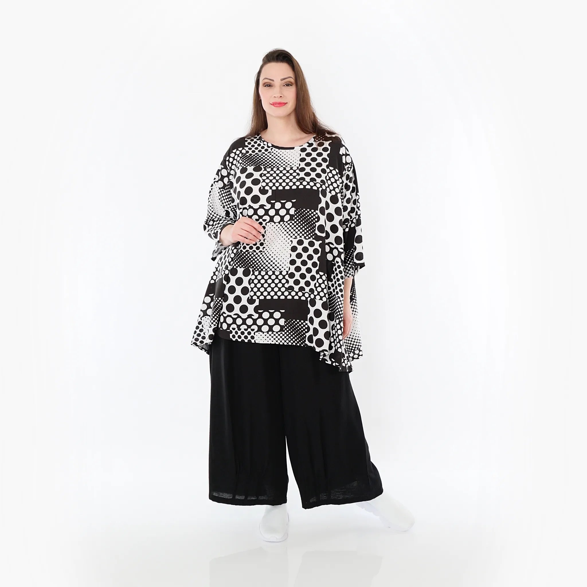  A-Form Bigshirt von AKH Fashion aus Viskose, 1481.00593, Schwarz/Weiß, Punkte, Ausgefallen