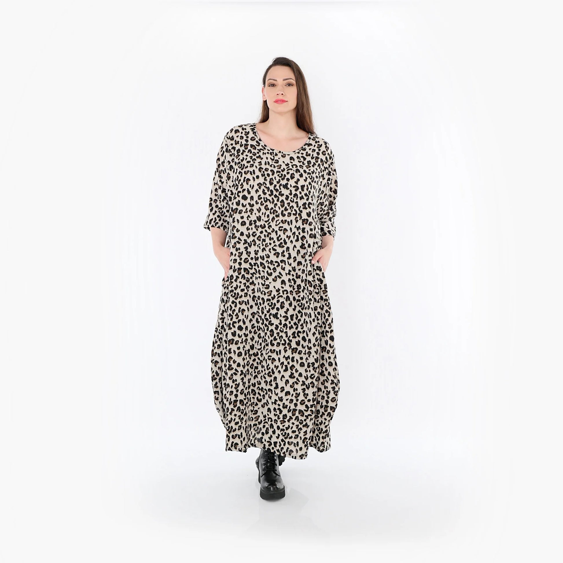  Ballonkleid von AKH Fashion aus Materialmix, 1496.01926, Beige/Schwarz/Cognac, Leopard