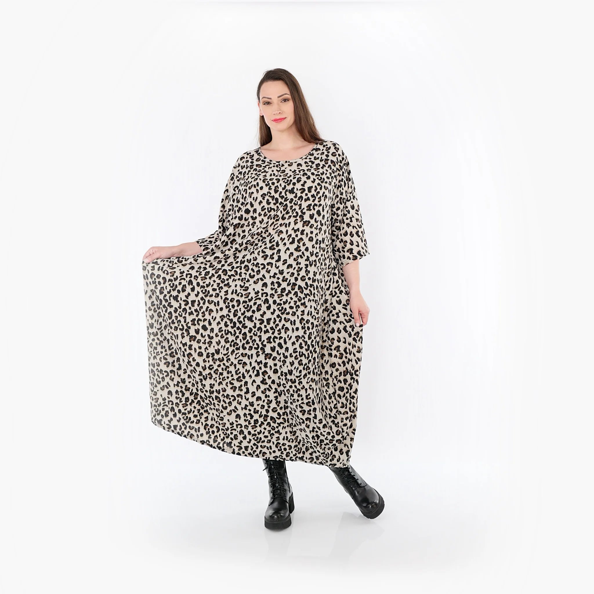  Ballonkleid von AKH Fashion aus Materialmix, 1496.01926, Beige/Schwarz/Cognac, Leopard