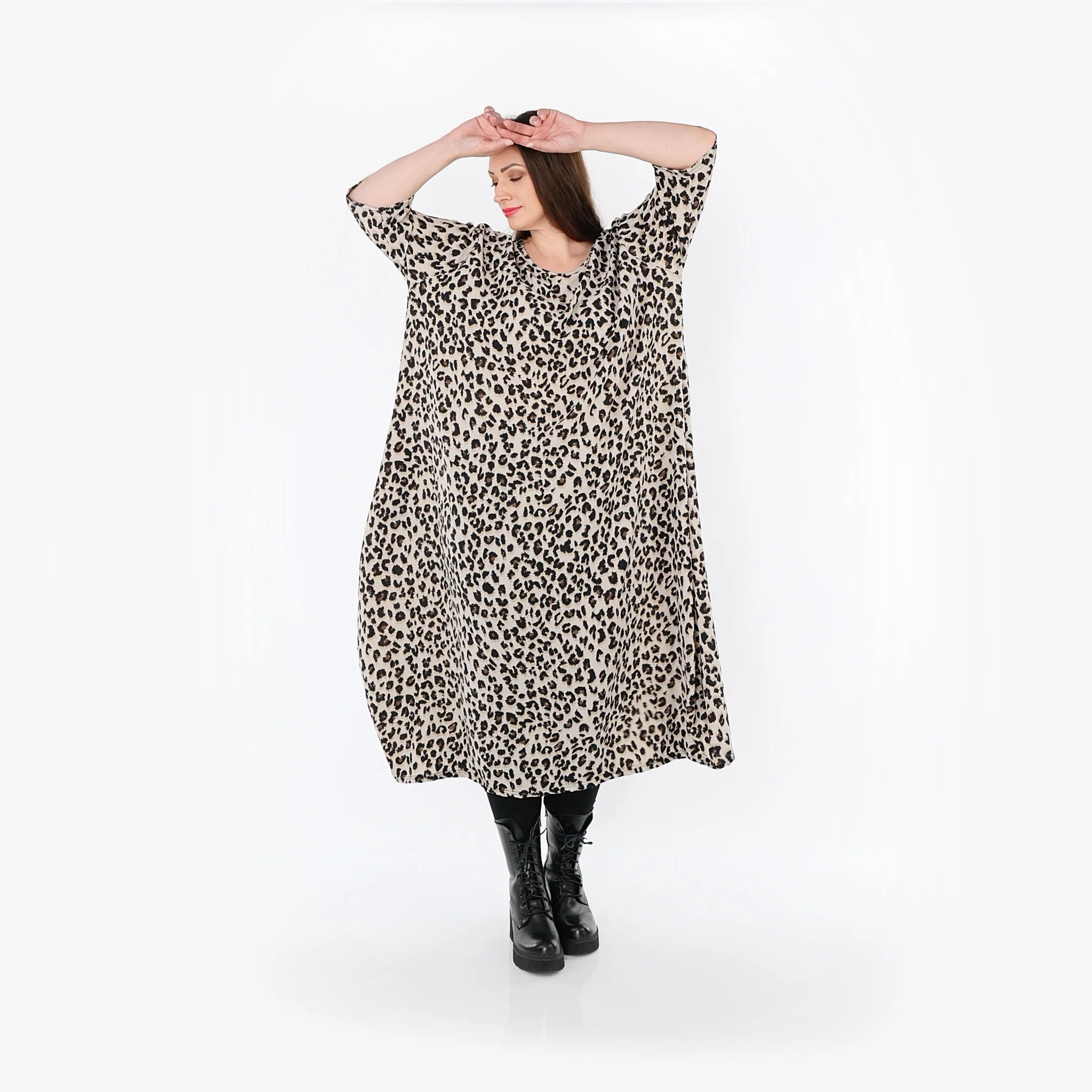  Ballonkleid von AKH Fashion aus Materialmix, 1496.01926, Beige/Schwarz/Cognac, Leopard