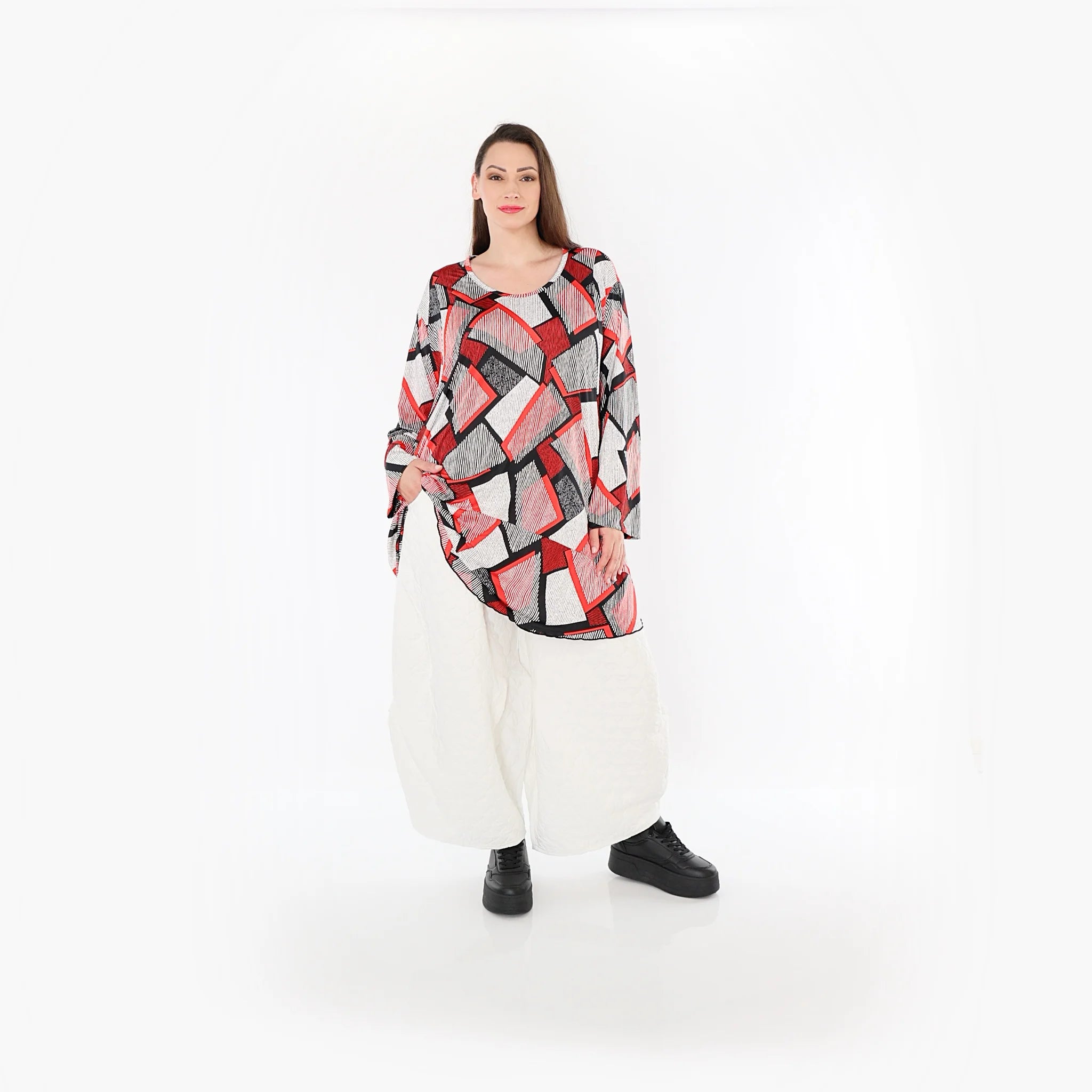  AKH Fashion Bigshirt in Glocken-Form, aus Materialmix, 1511.00592, Rot/Weiß/Schwarz, Schick