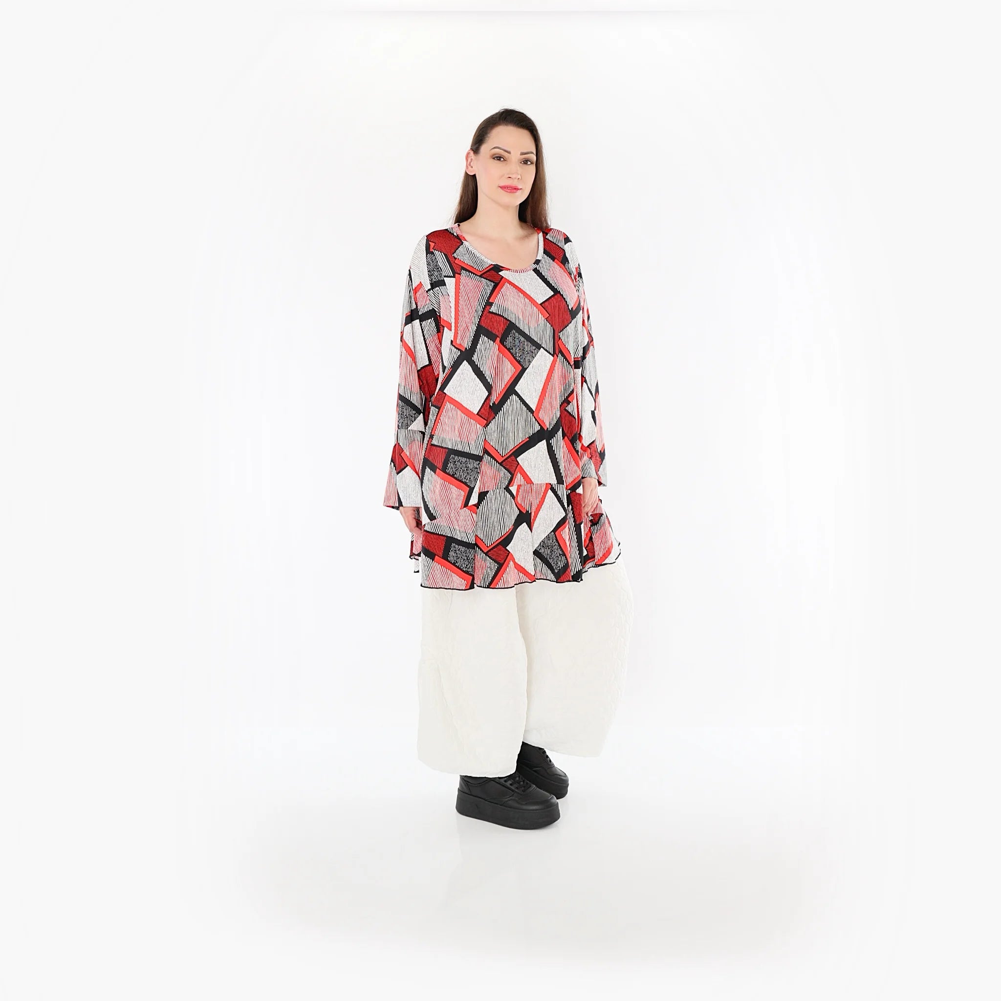  AKH Fashion Bigshirt in Glocken-Form, aus Materialmix, 1511.00592, Rot/Weiß/Schwarz, Schick