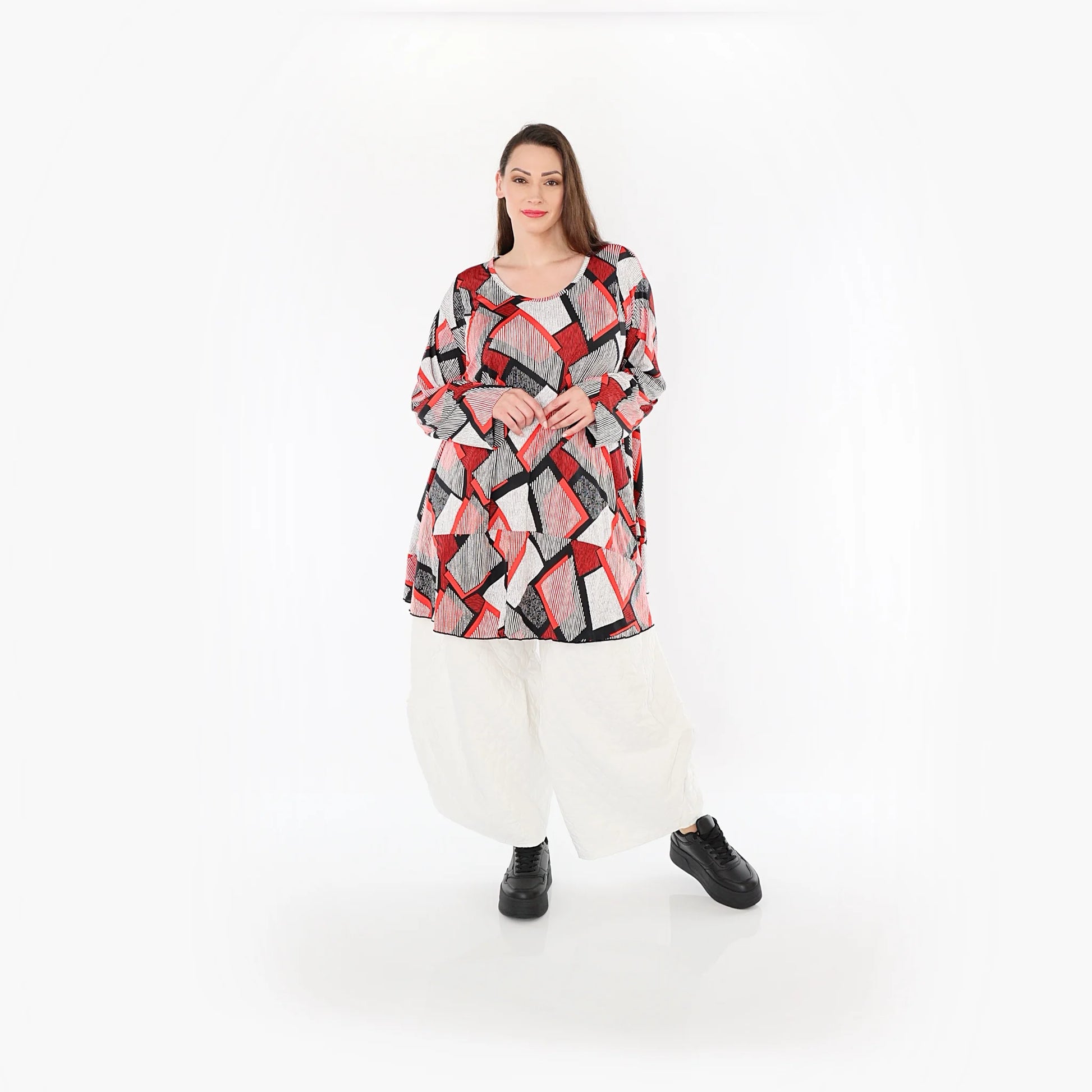  AKH Fashion Bigshirt in Glocken-Form, aus Materialmix, 1511.00592, Rot/Weiß/Schwarz, Schick