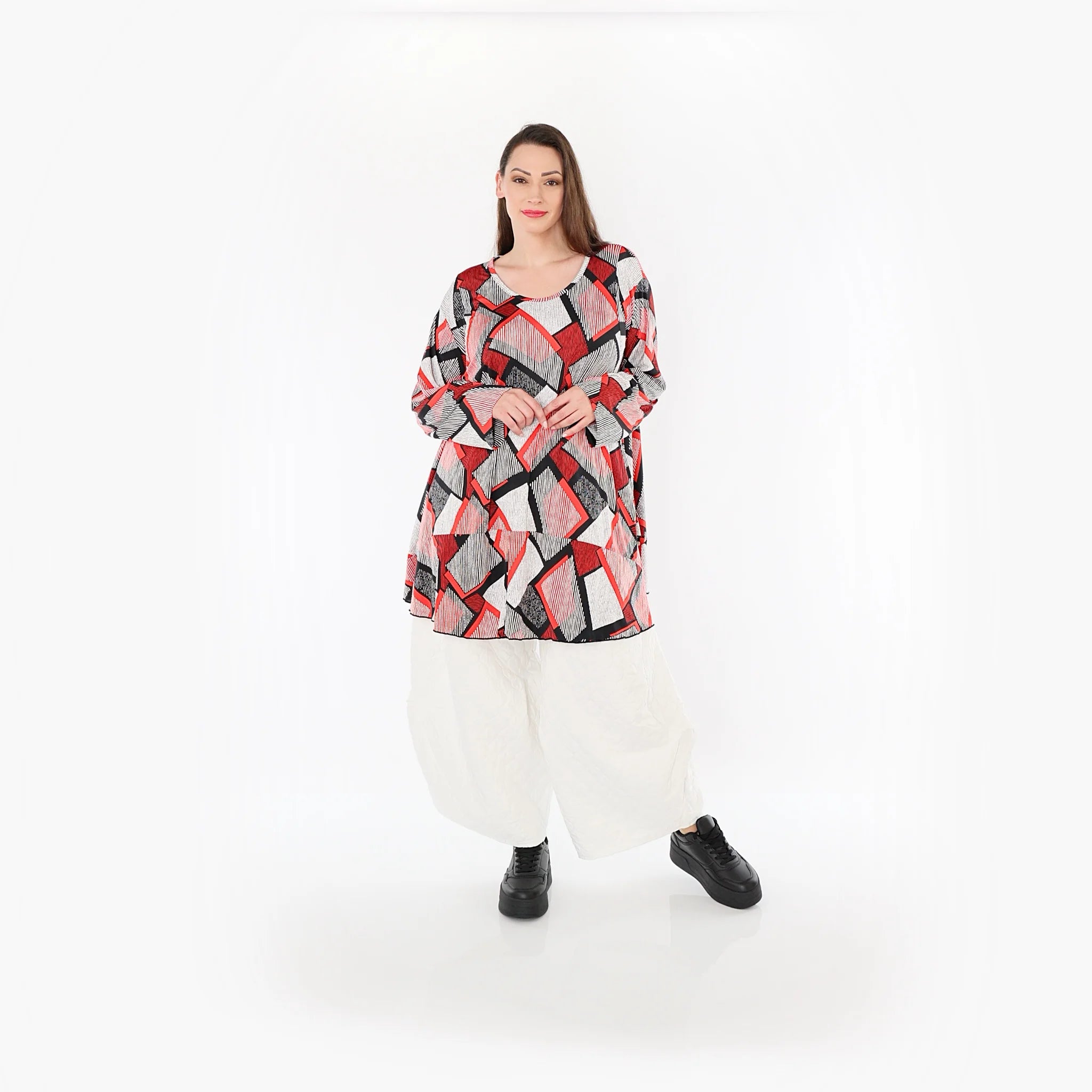  AKH Fashion Bigshirt in Glocken-Form, aus Materialmix, 1511.00592, Rot/Weiß/Schwarz, Schick