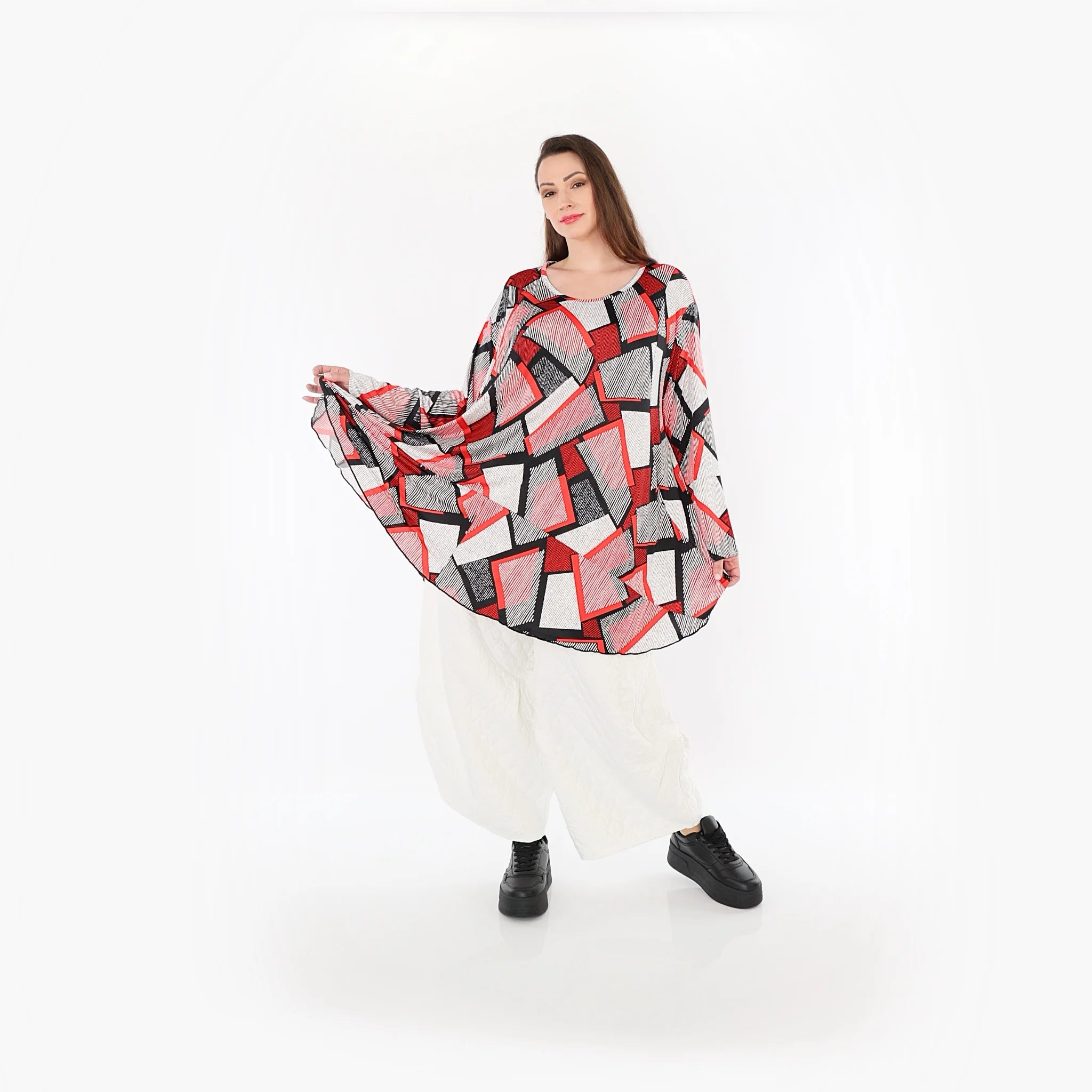  AKH Fashion Bigshirt in Glocken-Form, aus Materialmix, 1511.00592, Rot/Weiß/Schwarz, Schick