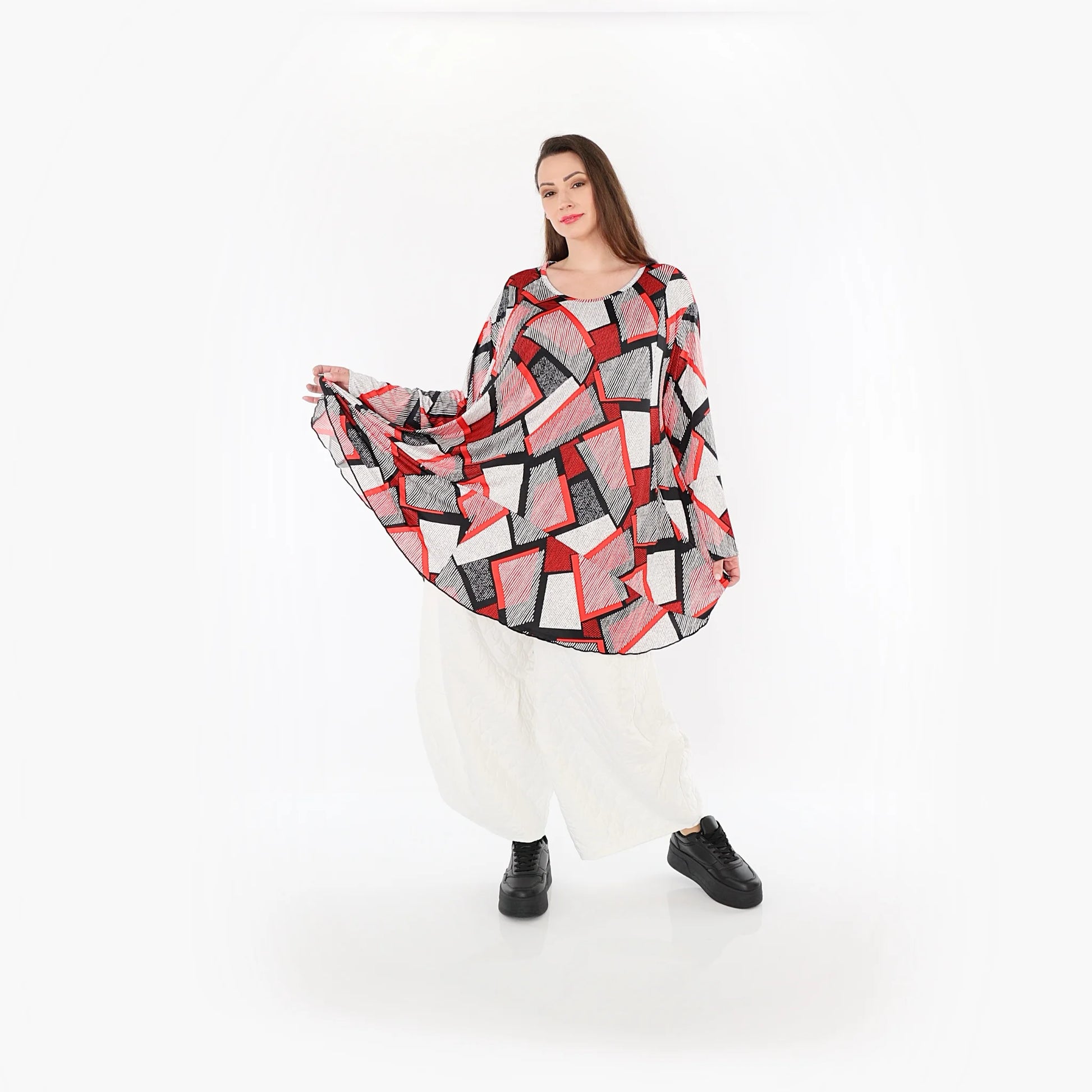  AKH Fashion Bigshirt in Glocken-Form, aus Materialmix, 1511.00592, Rot/Weiß/Schwarz, Schick