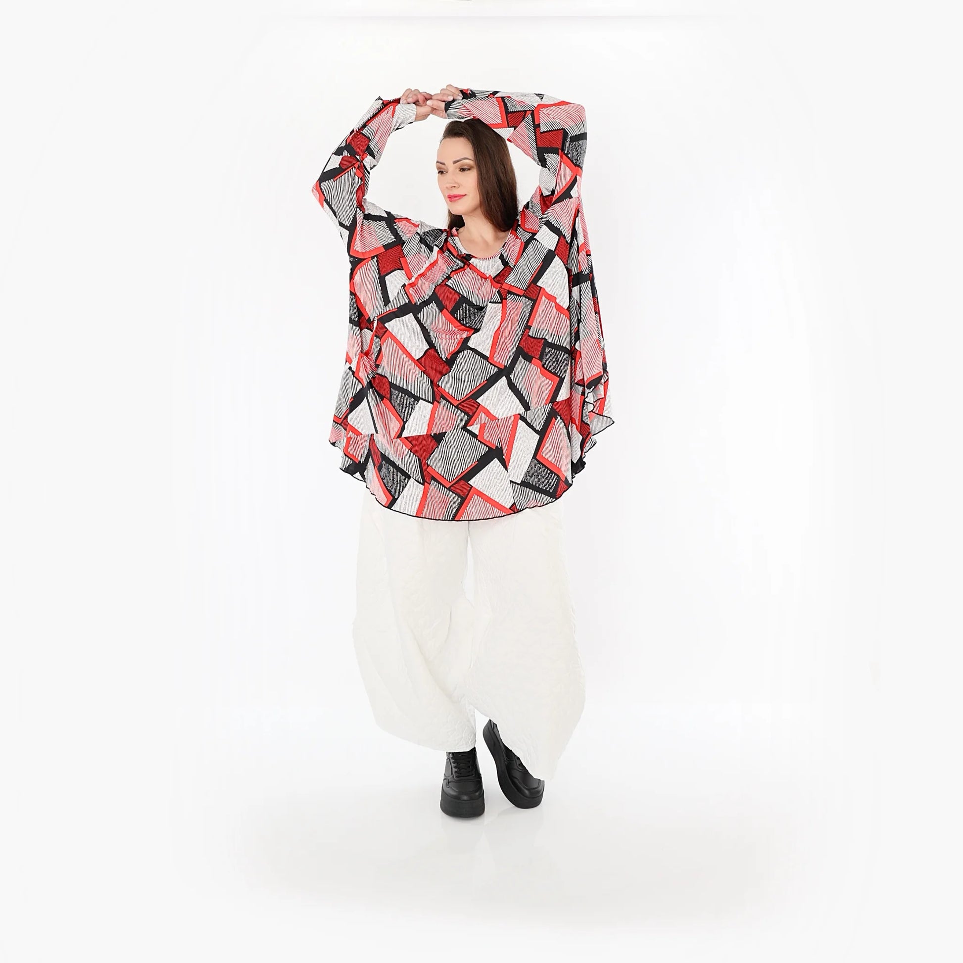  AKH Fashion Bigshirt in Glocken-Form, aus Materialmix, 1511.00592, Rot/Weiß/Schwarz, Schick