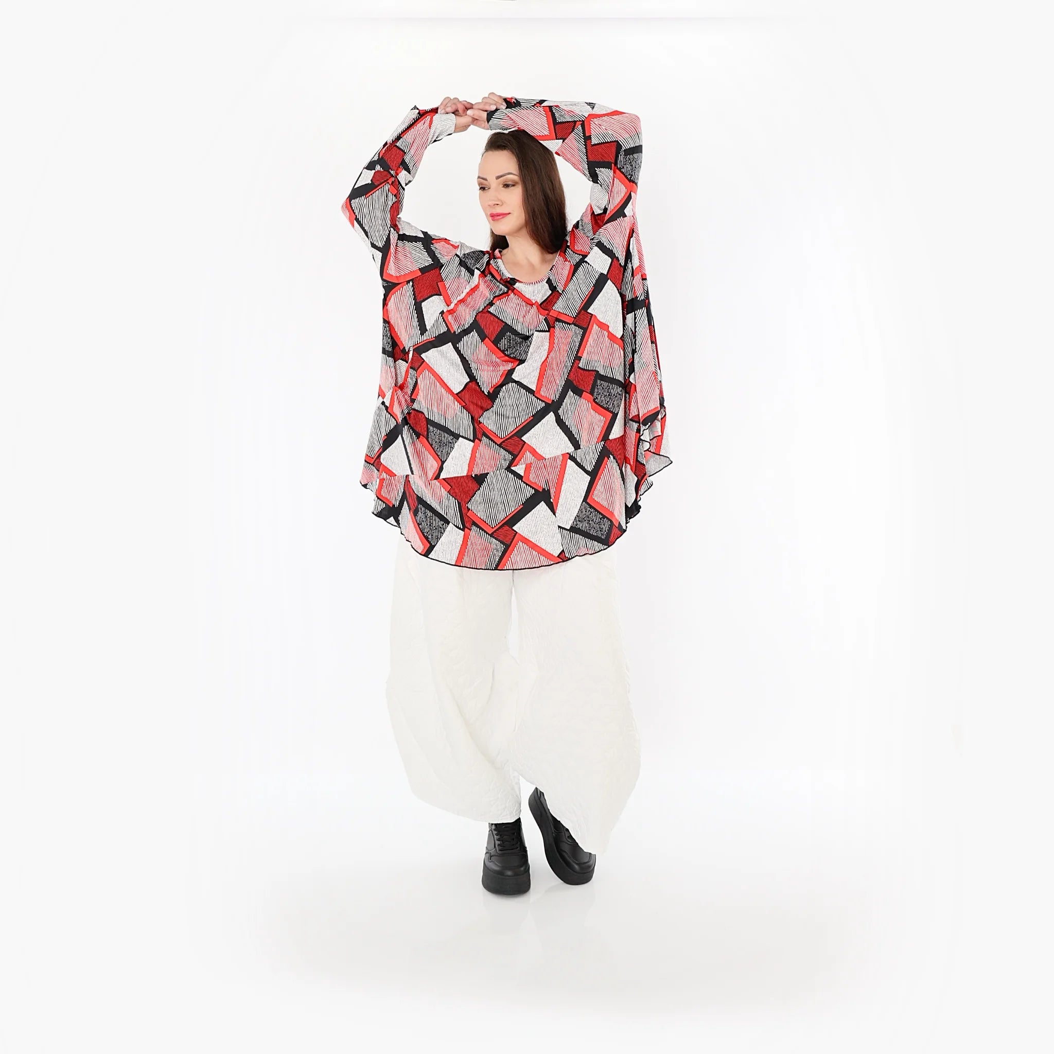  AKH Fashion Bigshirt in Glocken-Form, aus Materialmix, 1511.00592, Rot/Weiß/Schwarz, Schick