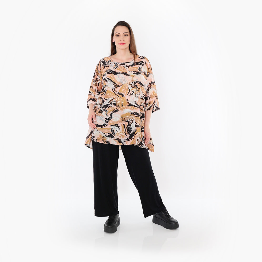  A-Form Bigshirt von AKH Fashion aus Rayon, 1510.00593, Cognac/Rosa/Schwarz, Wellen, Schick