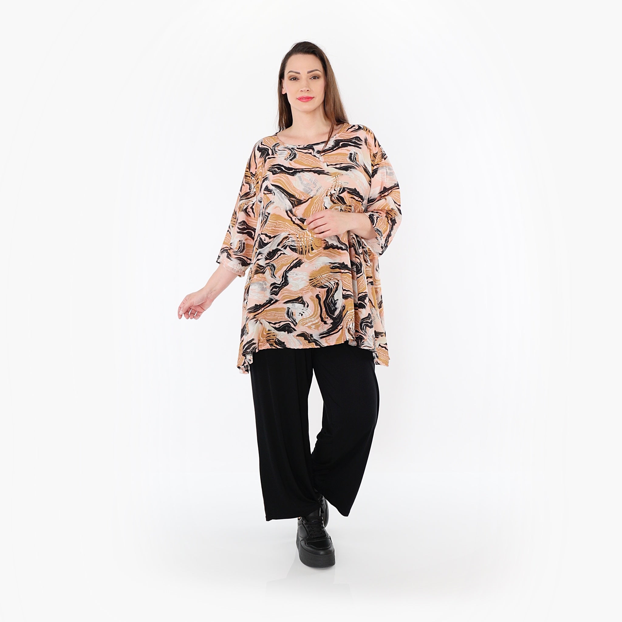  A-Form Bigshirt von AKH Fashion aus Rayon, 1510.00593, Cognac/Rosa/Schwarz, Wellen, Schick