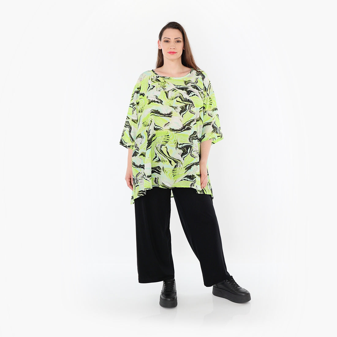  A-Form Bigshirt von AKH Fashion aus Rayon, 1510.00593, Grün/Türkis/Schwarz, Wellen, Schick