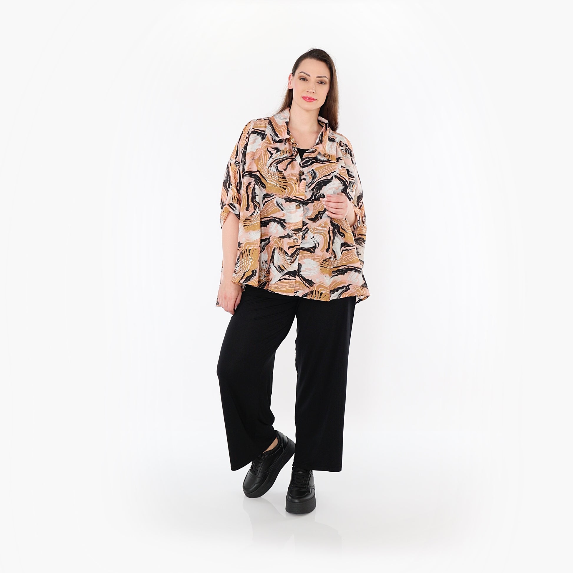  AKH Fashion Bluse in gerundeter Form, aus Rayon, 1510.07092, Cognac/Rosa/Schwarz, Wellen