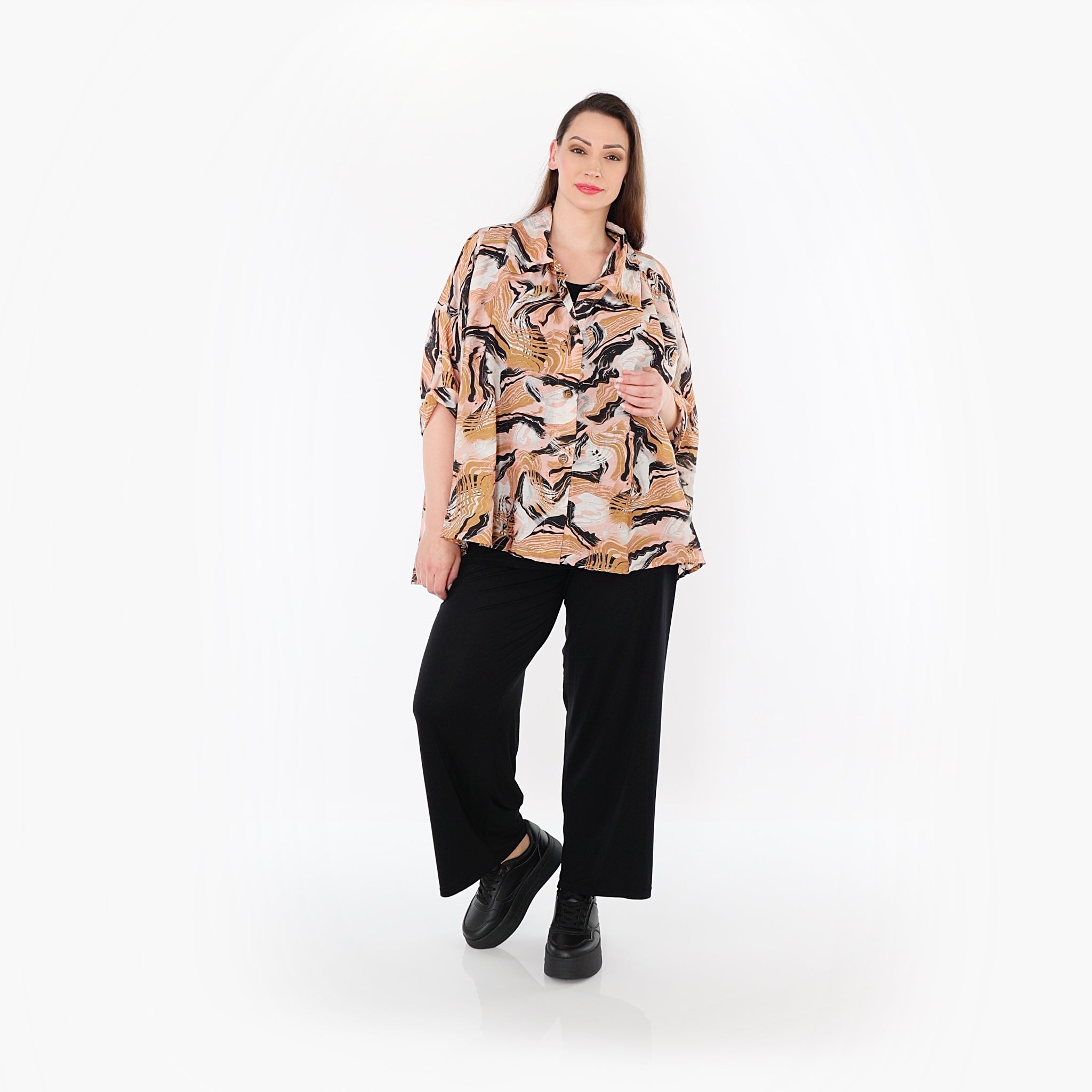  AKH Fashion Bluse in gerundeter Form, aus Rayon, 1510.07092, Cognac/Rosa/Schwarz, Wellen