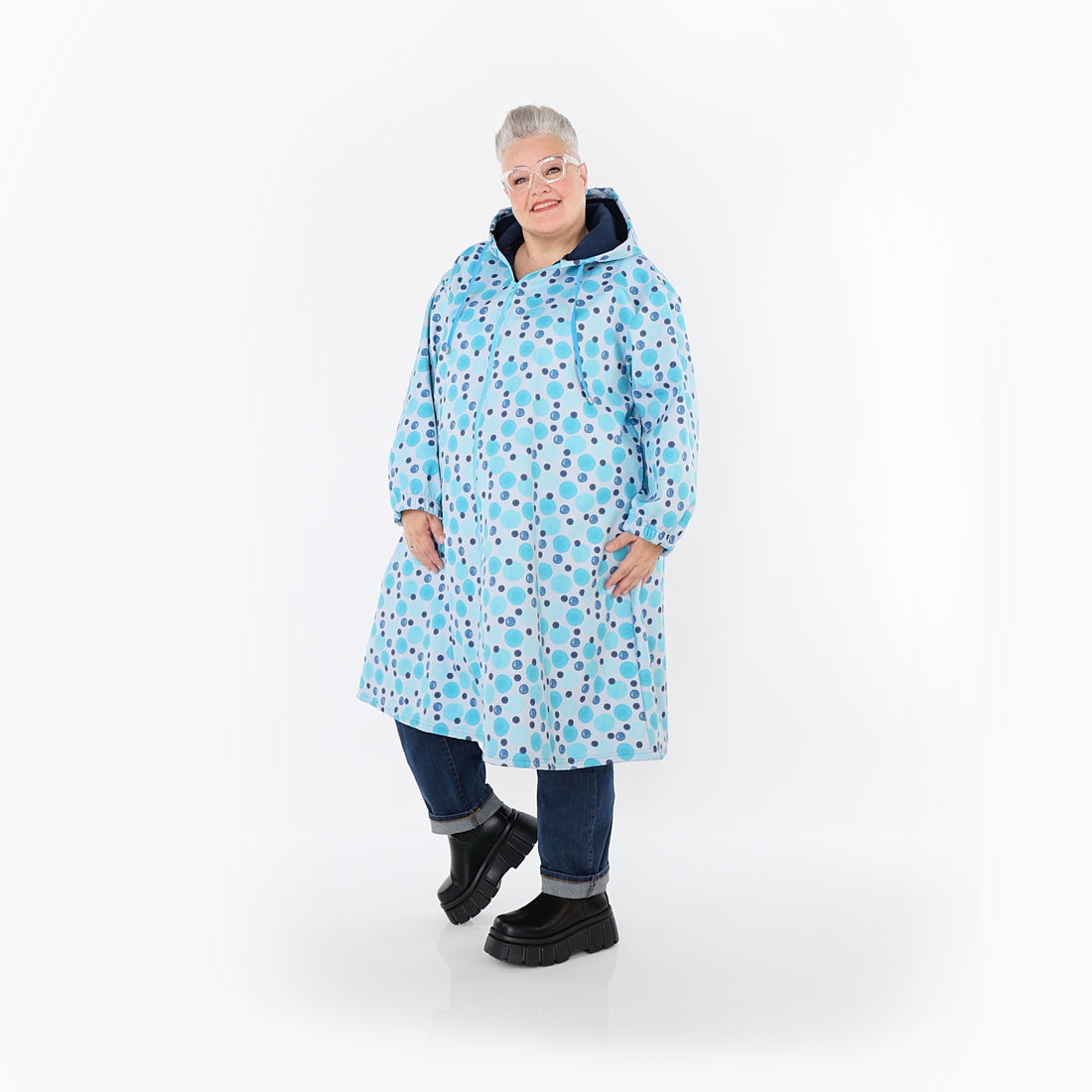  AKH Fashion Mantel in gerader Form, aus Polyester, 1515.07102, Blau/Multi, Punkte, Schick