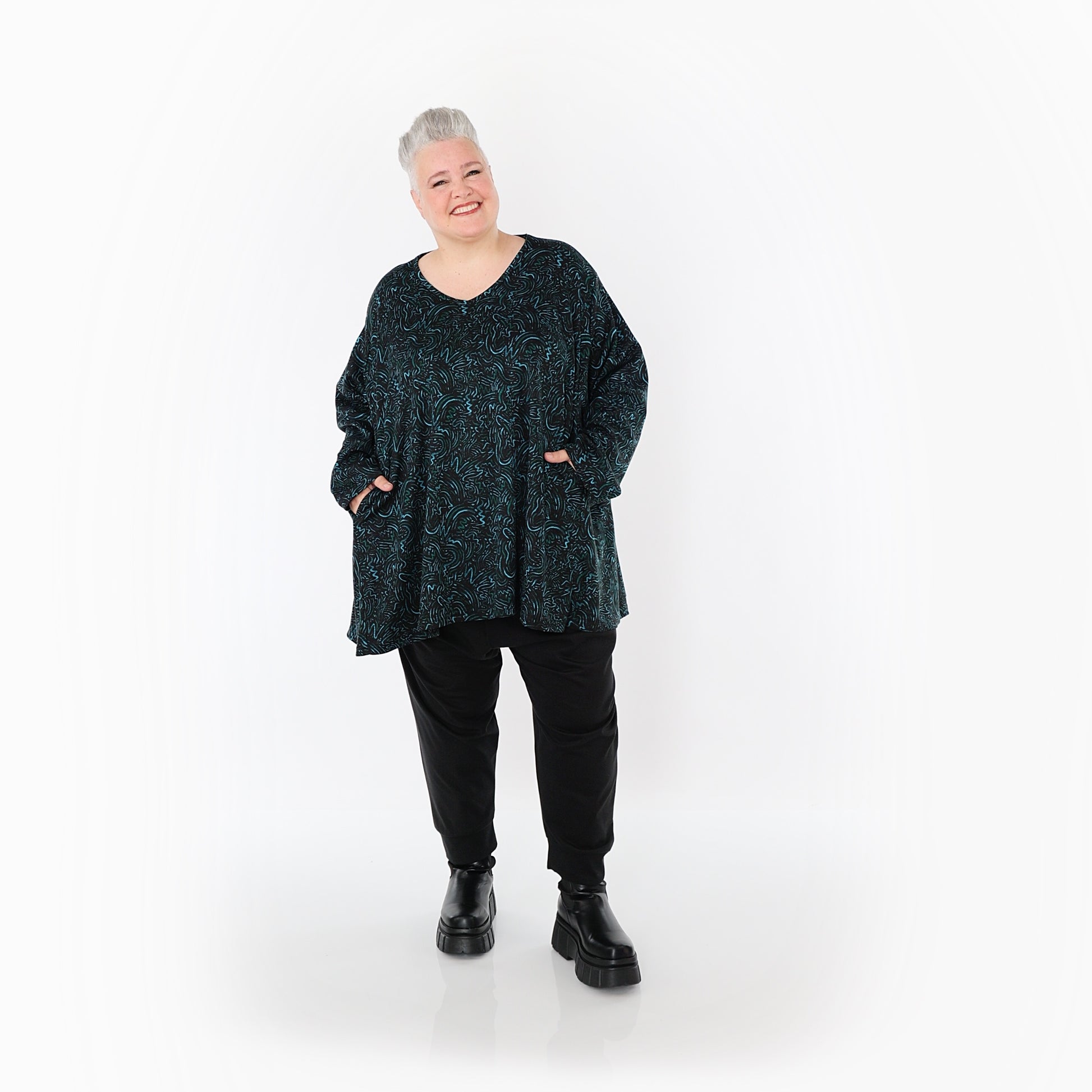  A-Form Bigshirt von AKH Fashion aus Materialmix, 1516.00593, Schwarz/Petrol/Grün, Kringel