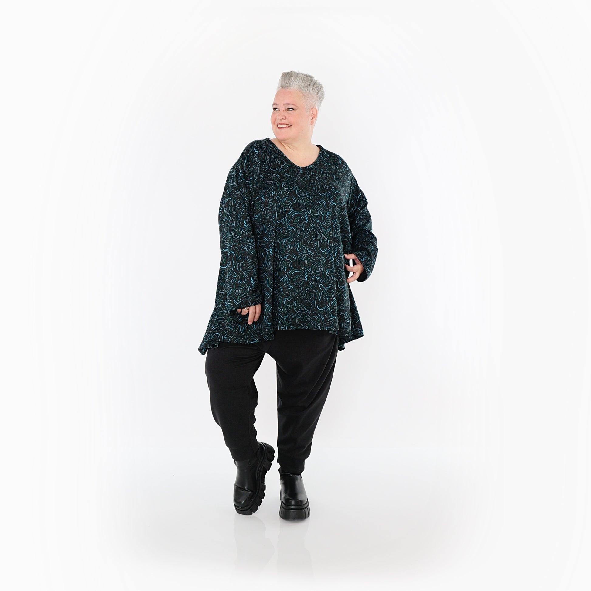  A-Form Bigshirt von AKH Fashion aus Materialmix, 1516.00593, Schwarz/Petrol/Grün, Kringel