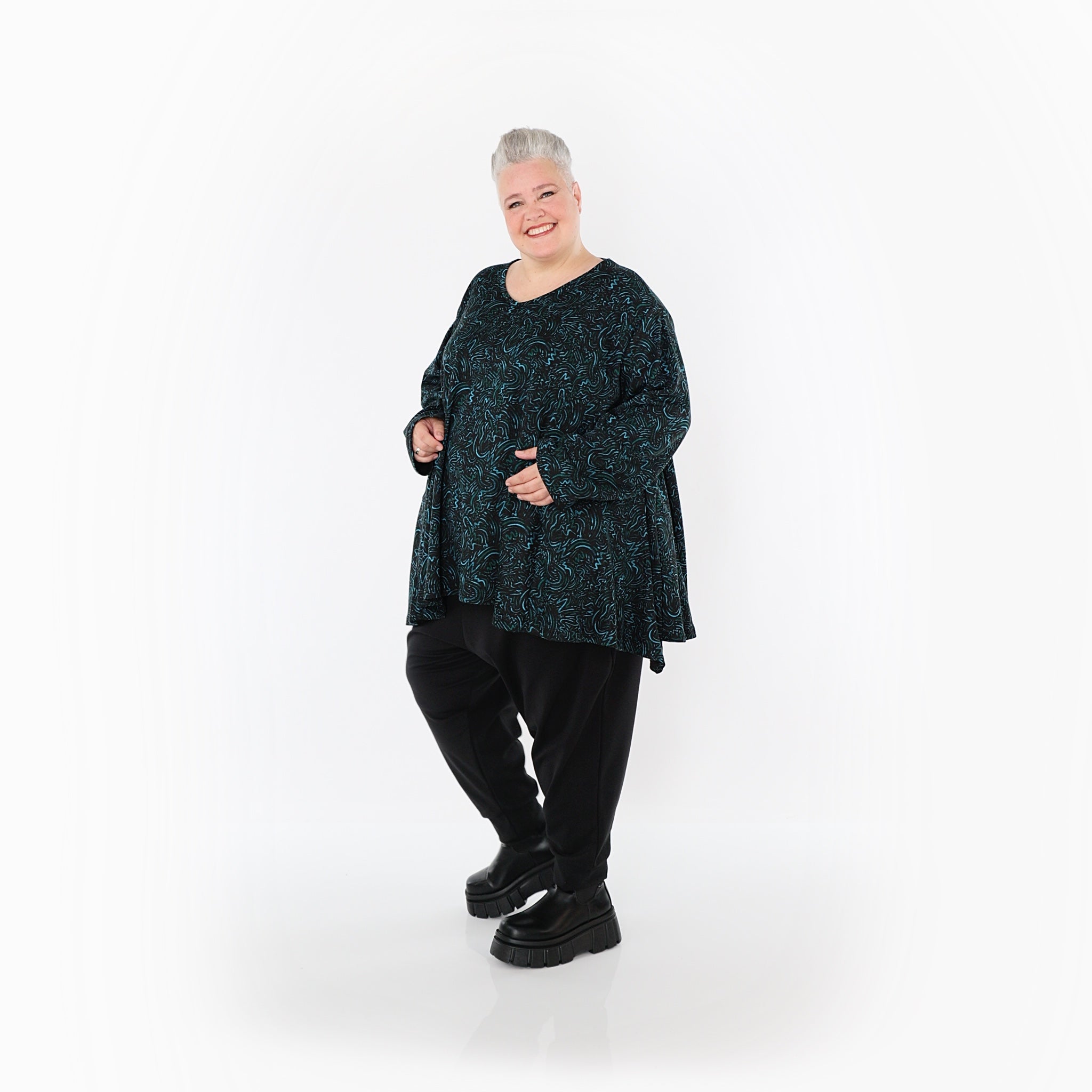  A-Form Bigshirt von AKH Fashion aus Materialmix, 1516.00593, Schwarz/Petrol/Grün, Kringel