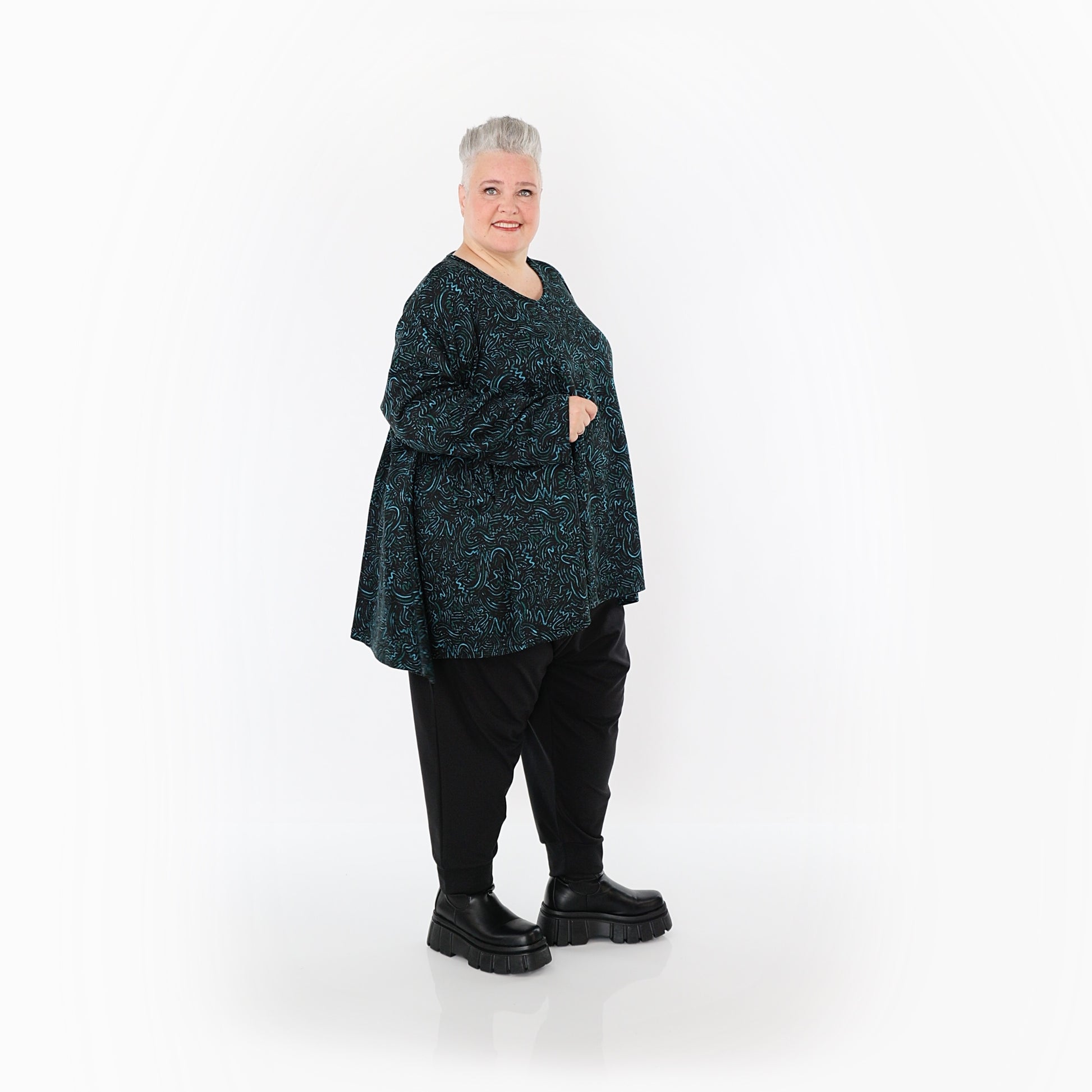  A-Form Bigshirt von AKH Fashion aus Materialmix, 1516.00593, Schwarz/Petrol/Grün, Kringel