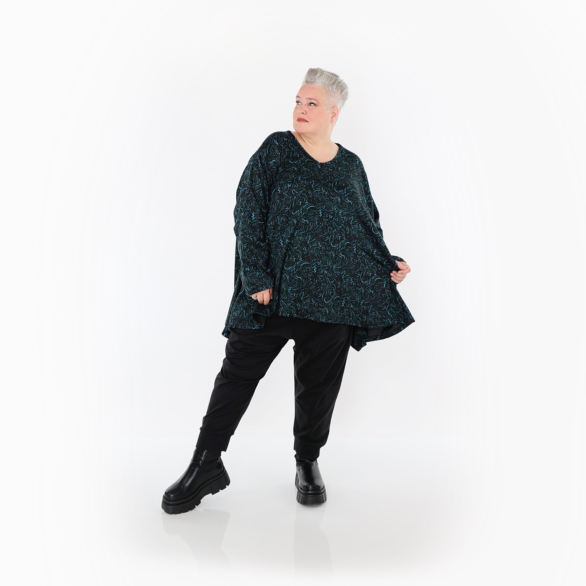  A-Form Bigshirt von AKH Fashion aus Materialmix, 1516.00593, Schwarz/Petrol/Grün, Kringel