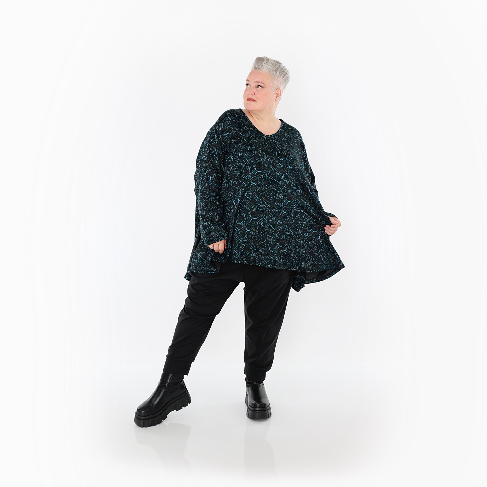  A-Form Bigshirt von AKH Fashion aus Materialmix, 1516.00593, Schwarz/Petrol/Grün, Kringel