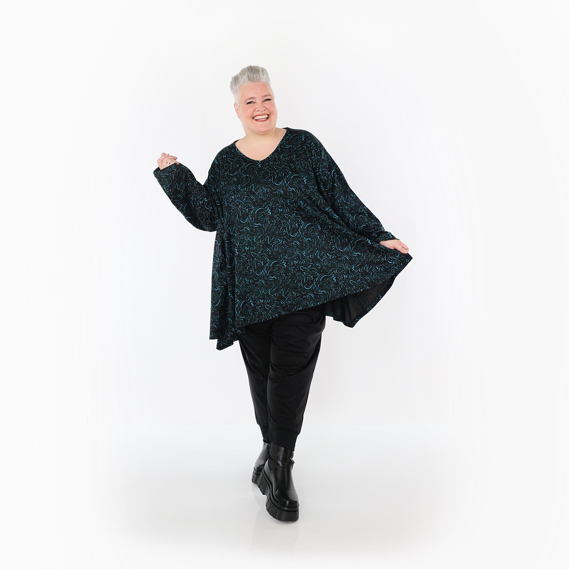  A-Form Bigshirt von AKH Fashion aus Materialmix, 1516.00593, Schwarz/Petrol/Grün, Kringel