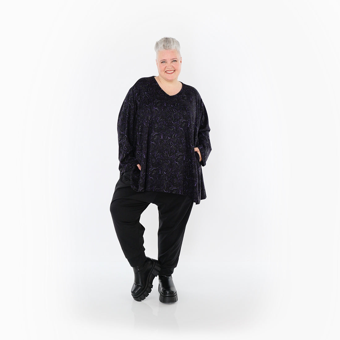  A-Form Bigshirt von AKH Fashion aus Materialmix, 1516.00593, Schwarz/Violett/Grau, Kringel