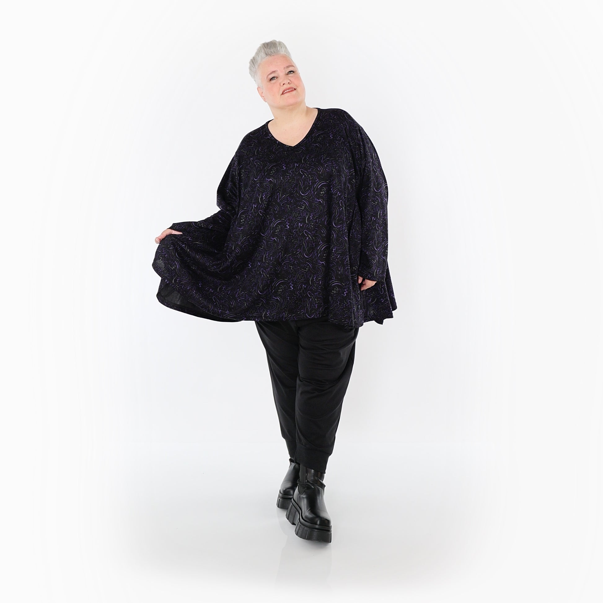  A-Form Bigshirt von AKH Fashion aus Materialmix, 1516.00593, Schwarz/Violett/Grau, Kringel