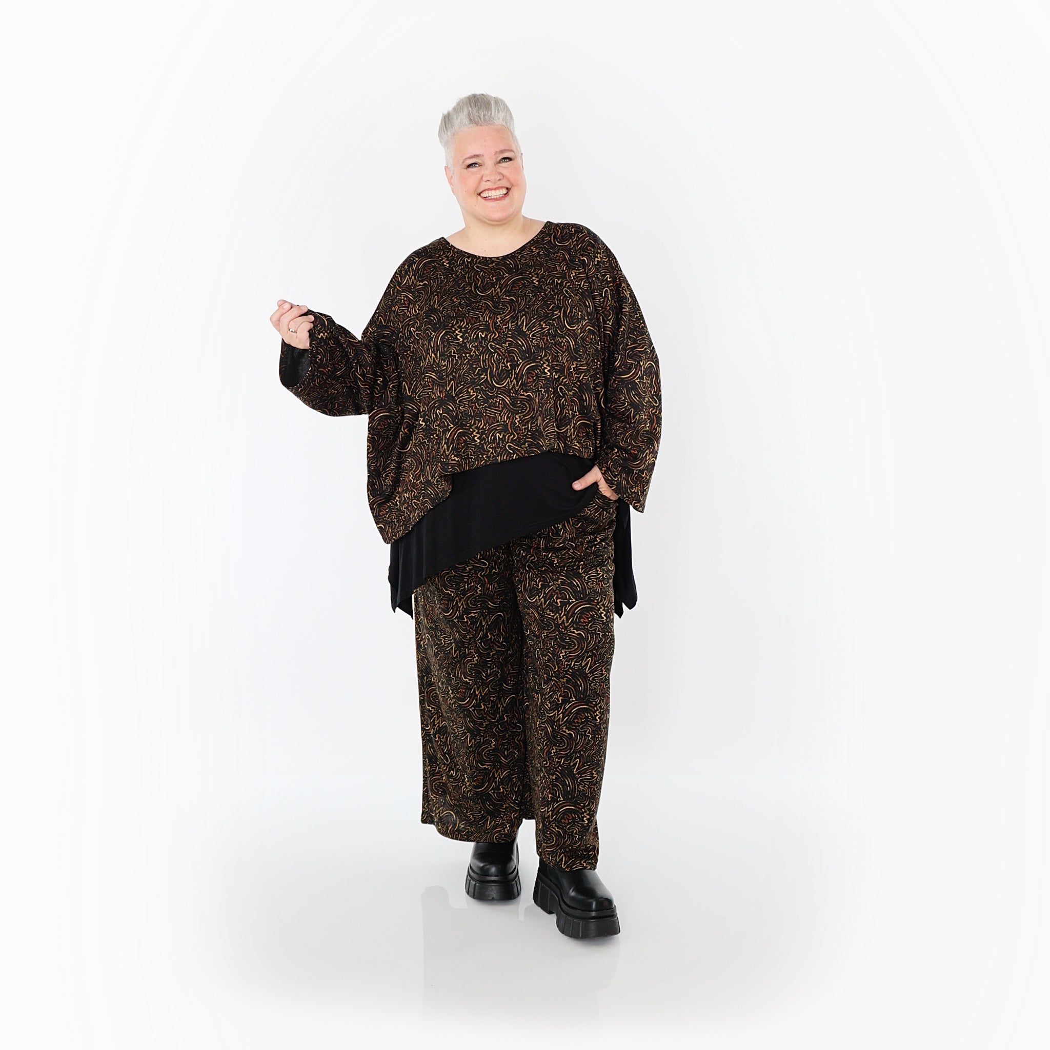  Marlene Hose von AKH Fashion aus Materialmix, 1516.02063, Schwarz/Cognac/Orange, Kringel