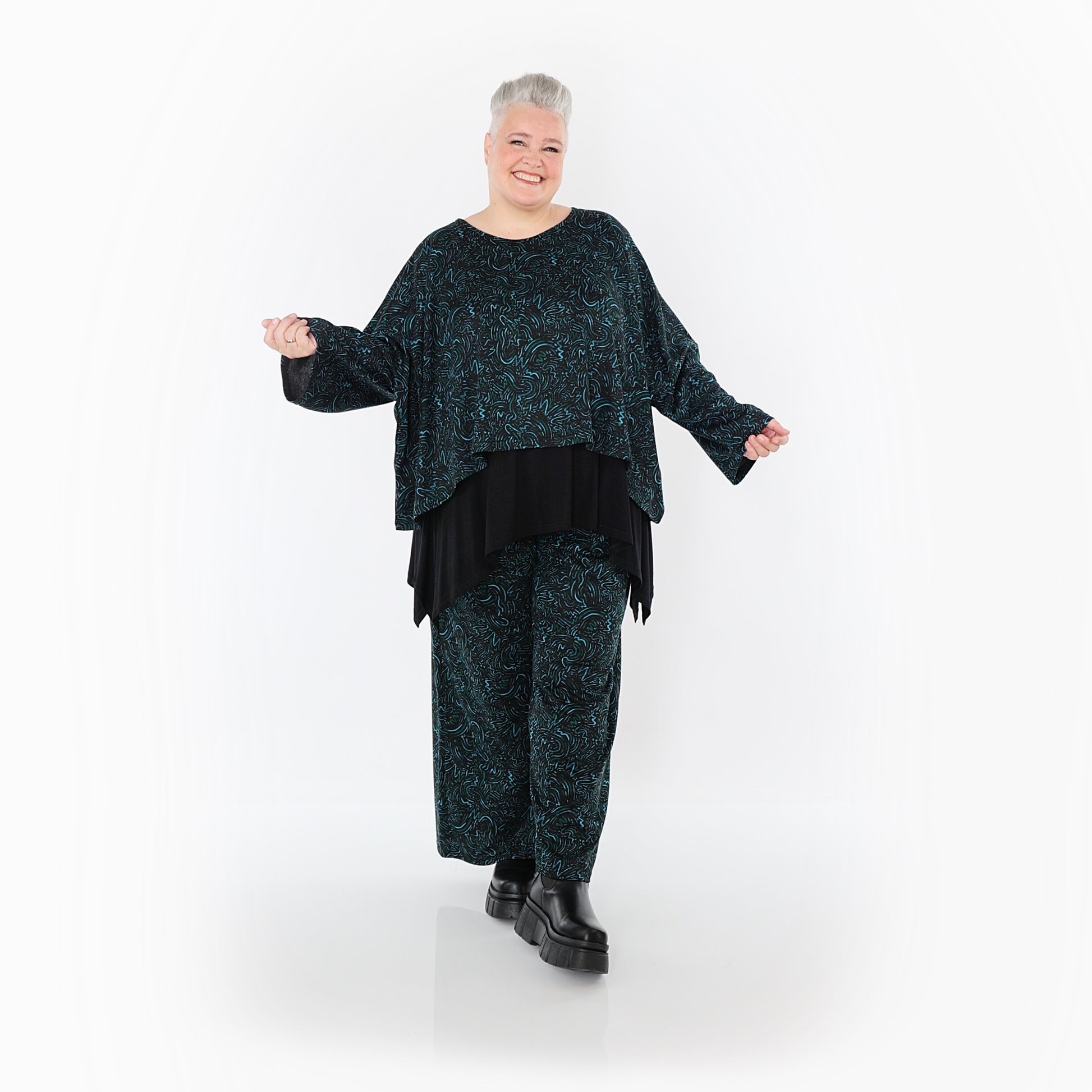  Marlene Hose von AKH Fashion aus Materialmix, 1516.02063, Schwarz/Petrol/Grün, Kringel