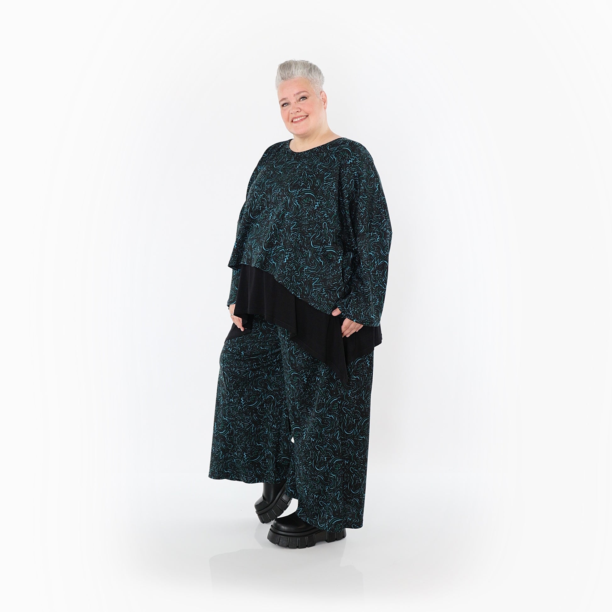  Marlene Hose von AKH Fashion aus Materialmix, 1516.02063, Schwarz/Petrol/Grün, Kringel
