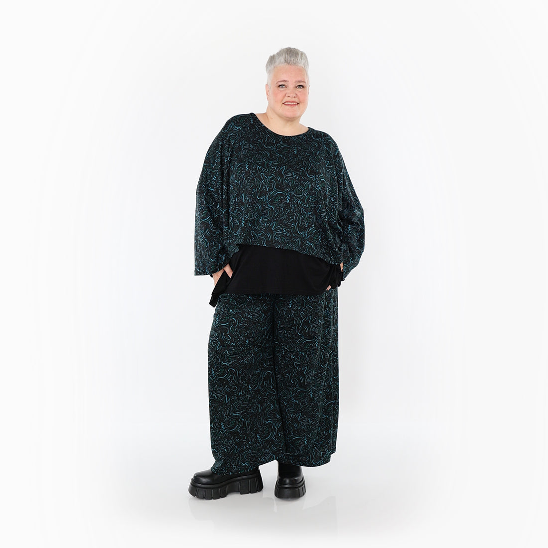  Marlene Hose von AKH Fashion aus Materialmix, 1516.02063, Schwarz/Petrol/Grün, Kringel