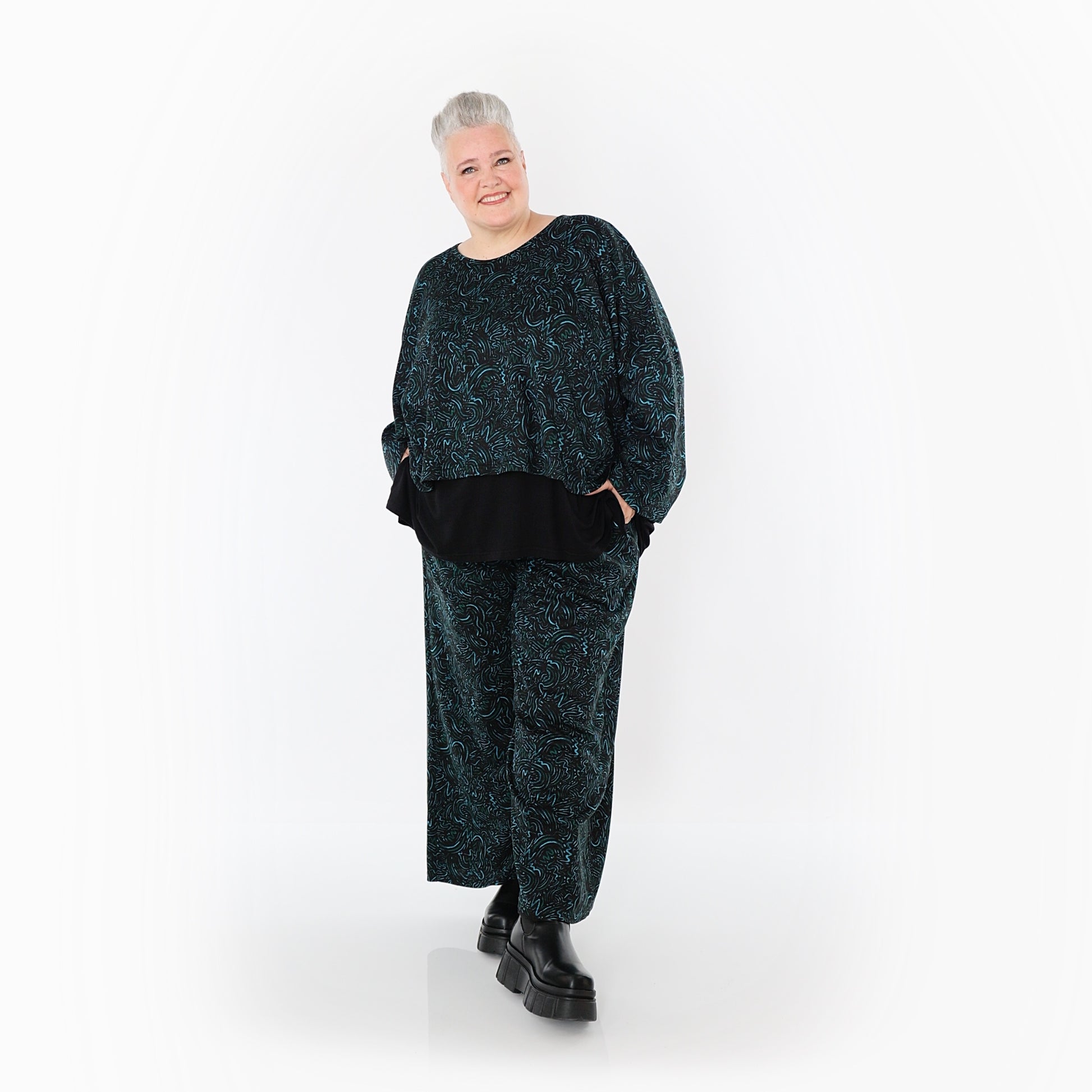  Marlene Hose von AKH Fashion aus Materialmix, 1516.02063, Schwarz/Petrol/Grün, Kringel