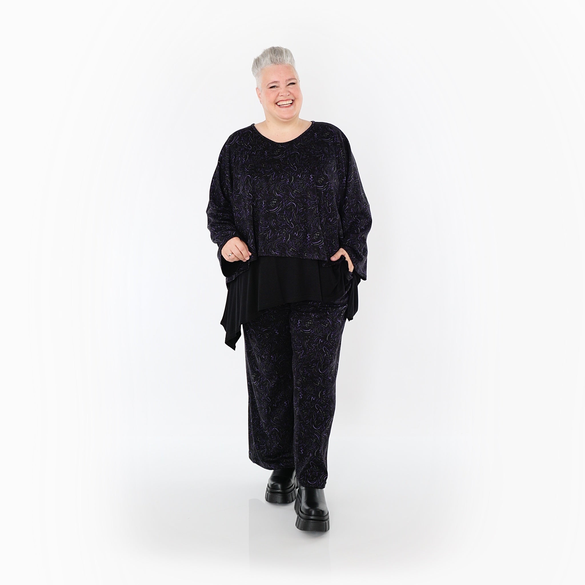  Marlene Hose von AKH Fashion aus Materialmix, 1516.02063, Schwarz/Violett/Grau, Kringel