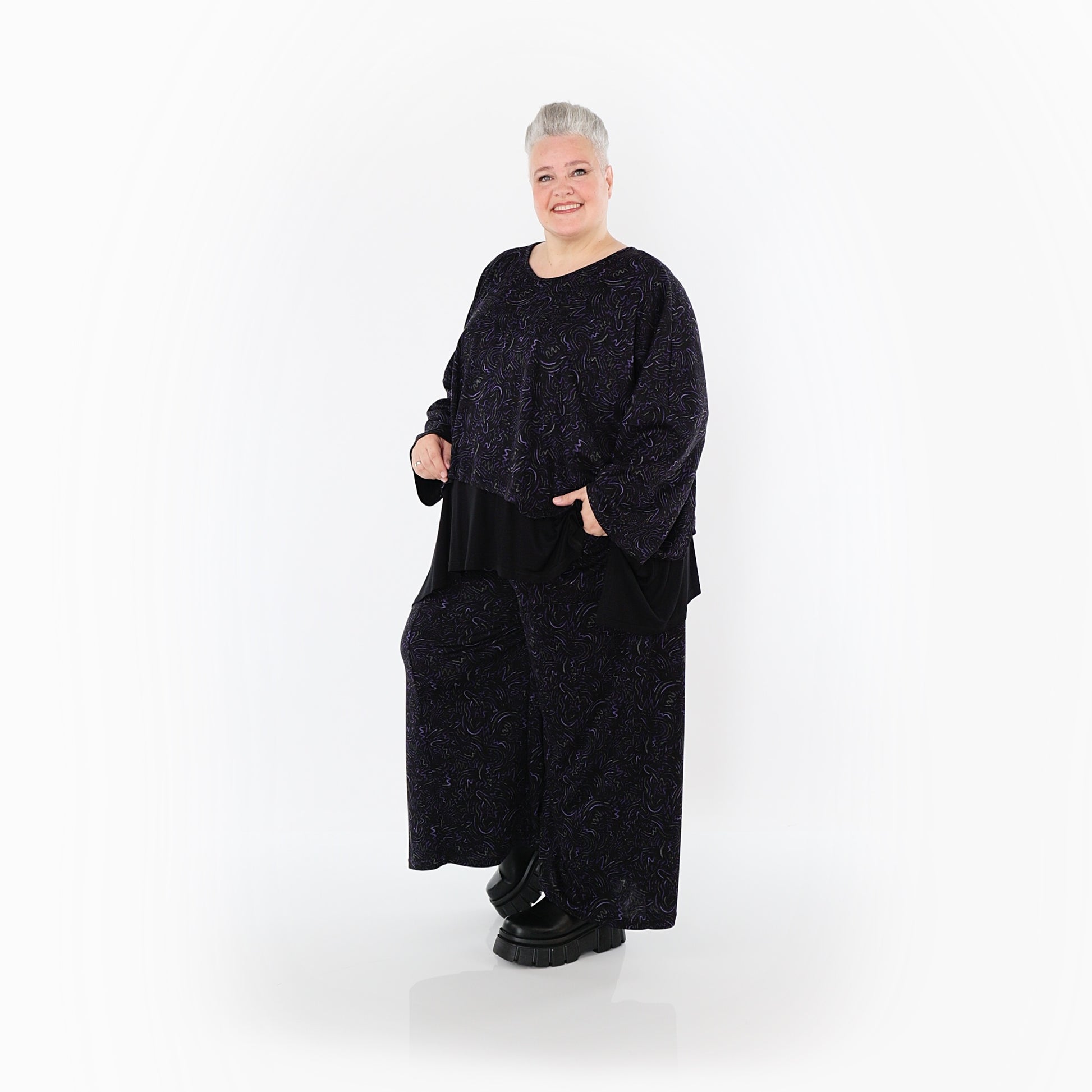  Marlene Hose von AKH Fashion aus Materialmix, 1516.02063, Schwarz/Violett/Grau, Kringel
