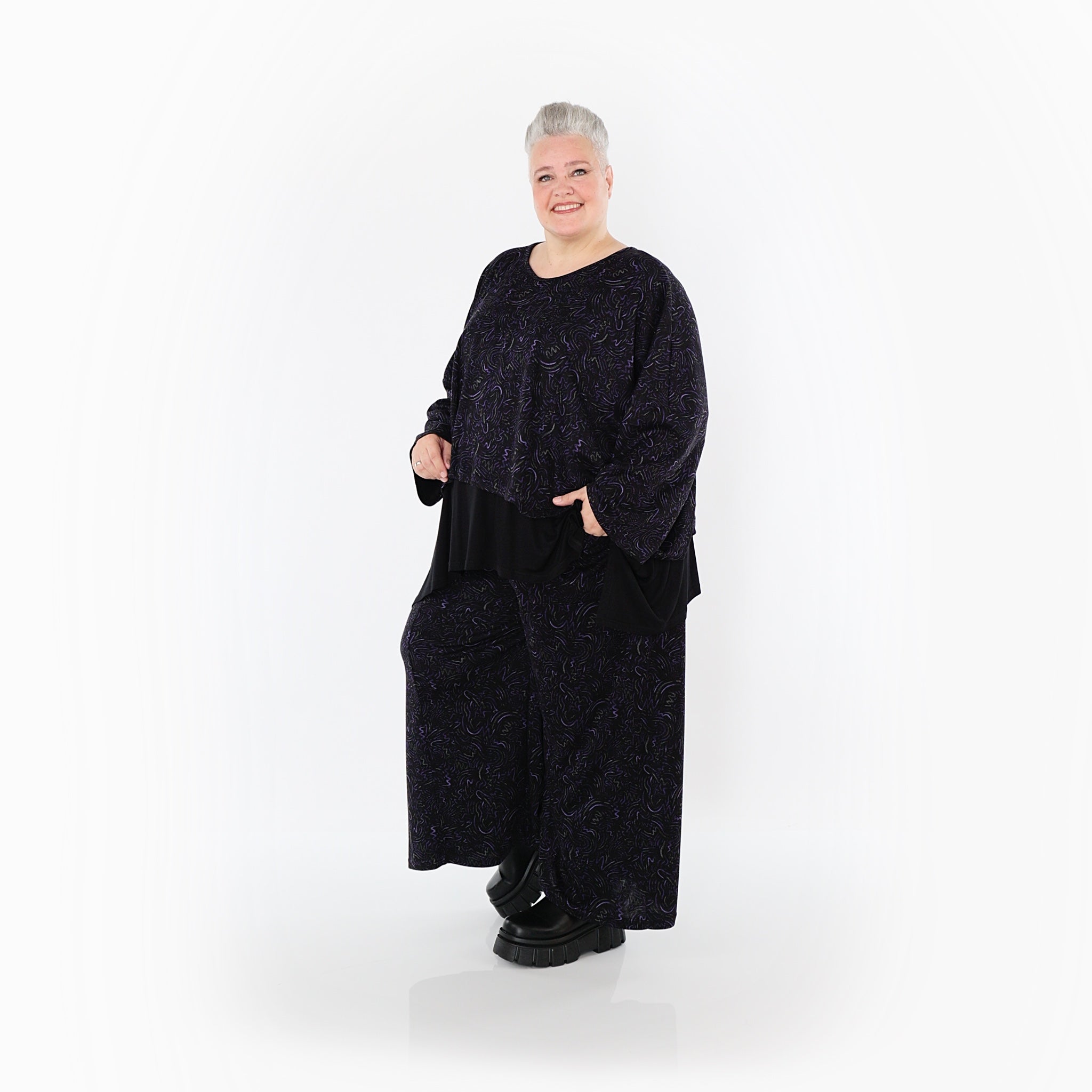  Marlene Hose von AKH Fashion aus Materialmix, 1516.02063, Schwarz/Violett/Grau, Kringel
