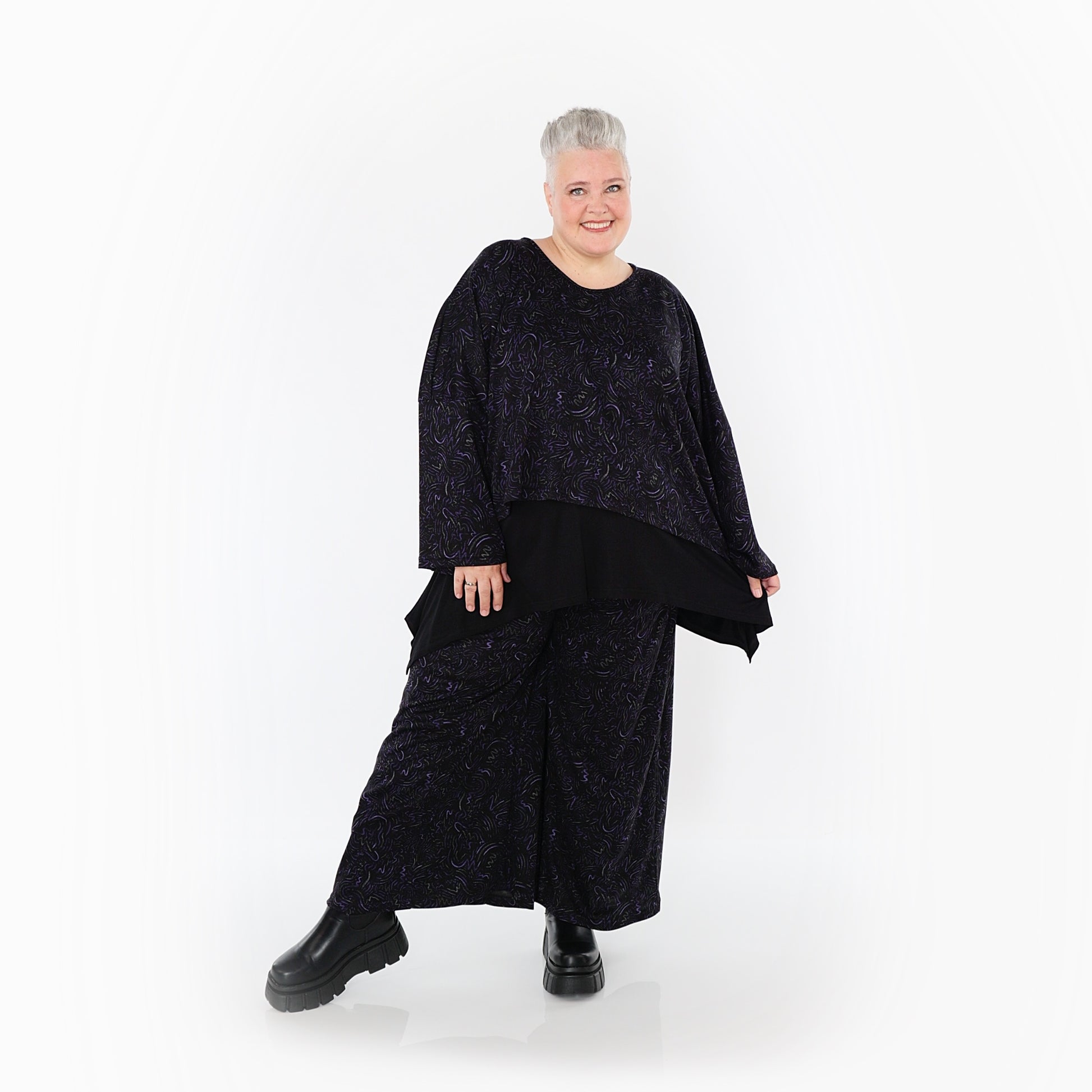  Marlene Hose von AKH Fashion aus Materialmix, 1516.02063, Schwarz/Violett/Grau, Kringel
