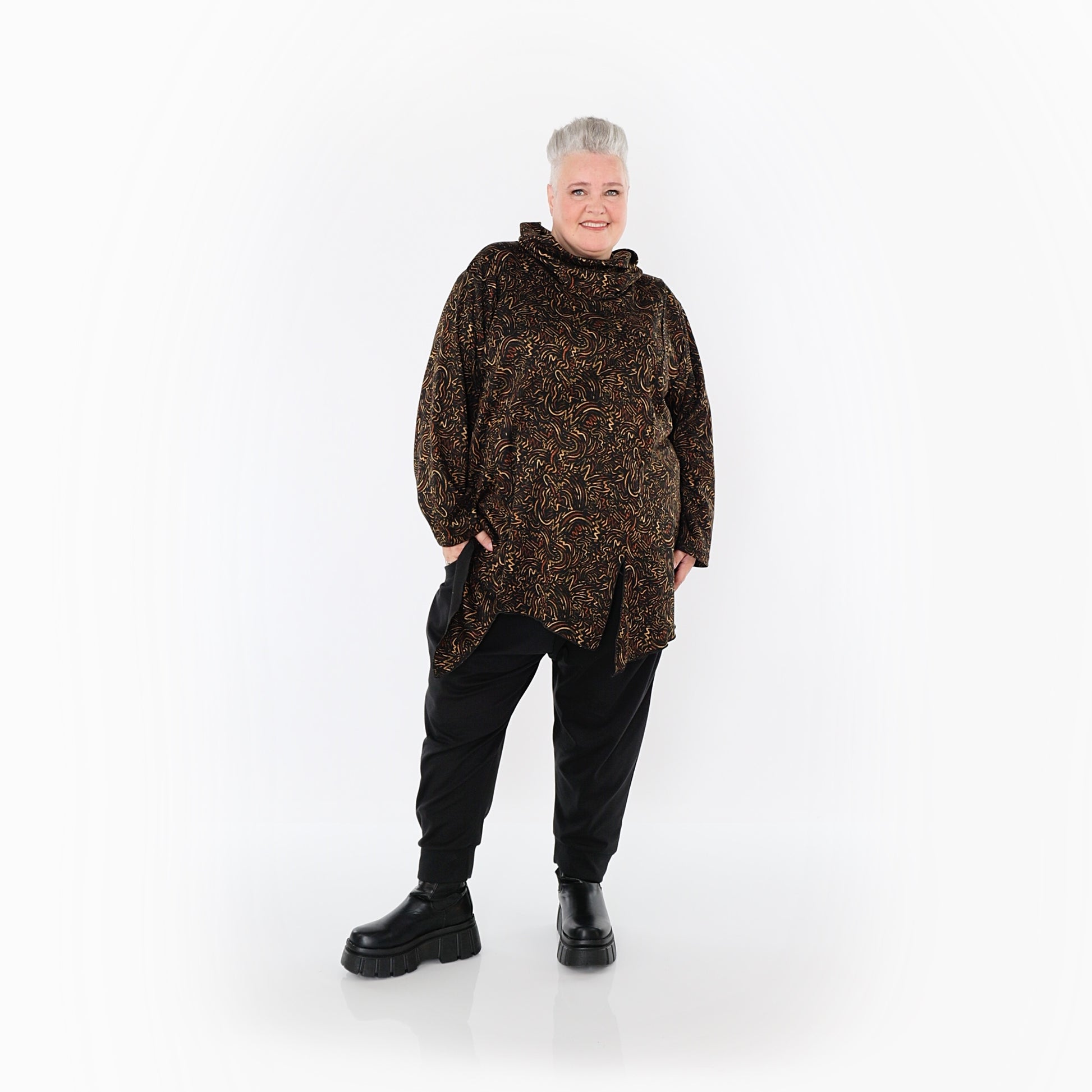  AKH Fashion Bigshirt in asymmetrischer Form, aus Materialmix, 1516.06061, Cognac