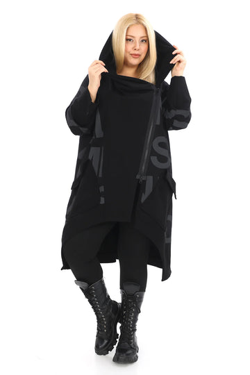 Stilvolle schwarze Oversize-Jacke aus dehnbarem Viskose-Jersey mit Buchstaben-Muster