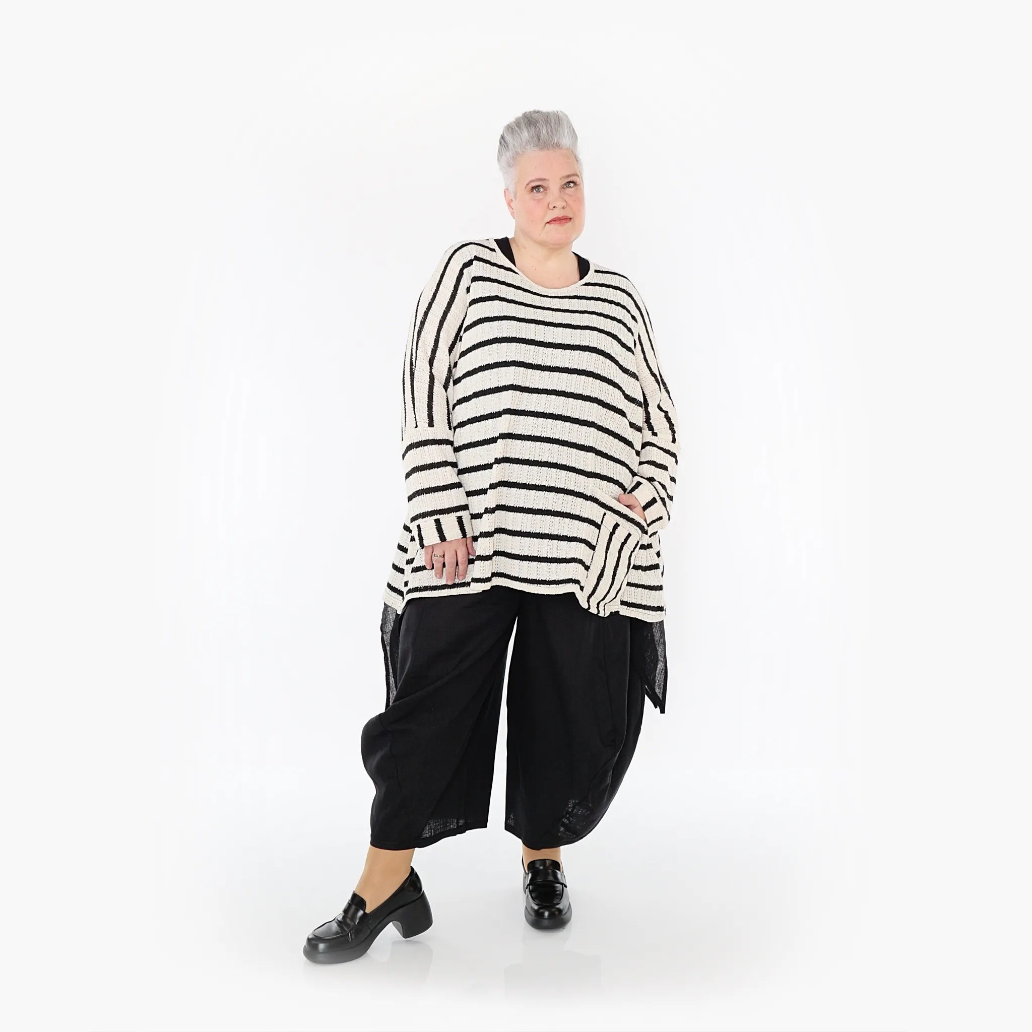  A-Form Bigshirt von AKH Fashion aus Baumwolle, 1467.07060, Beige/Schwarz, Streifen, Schick