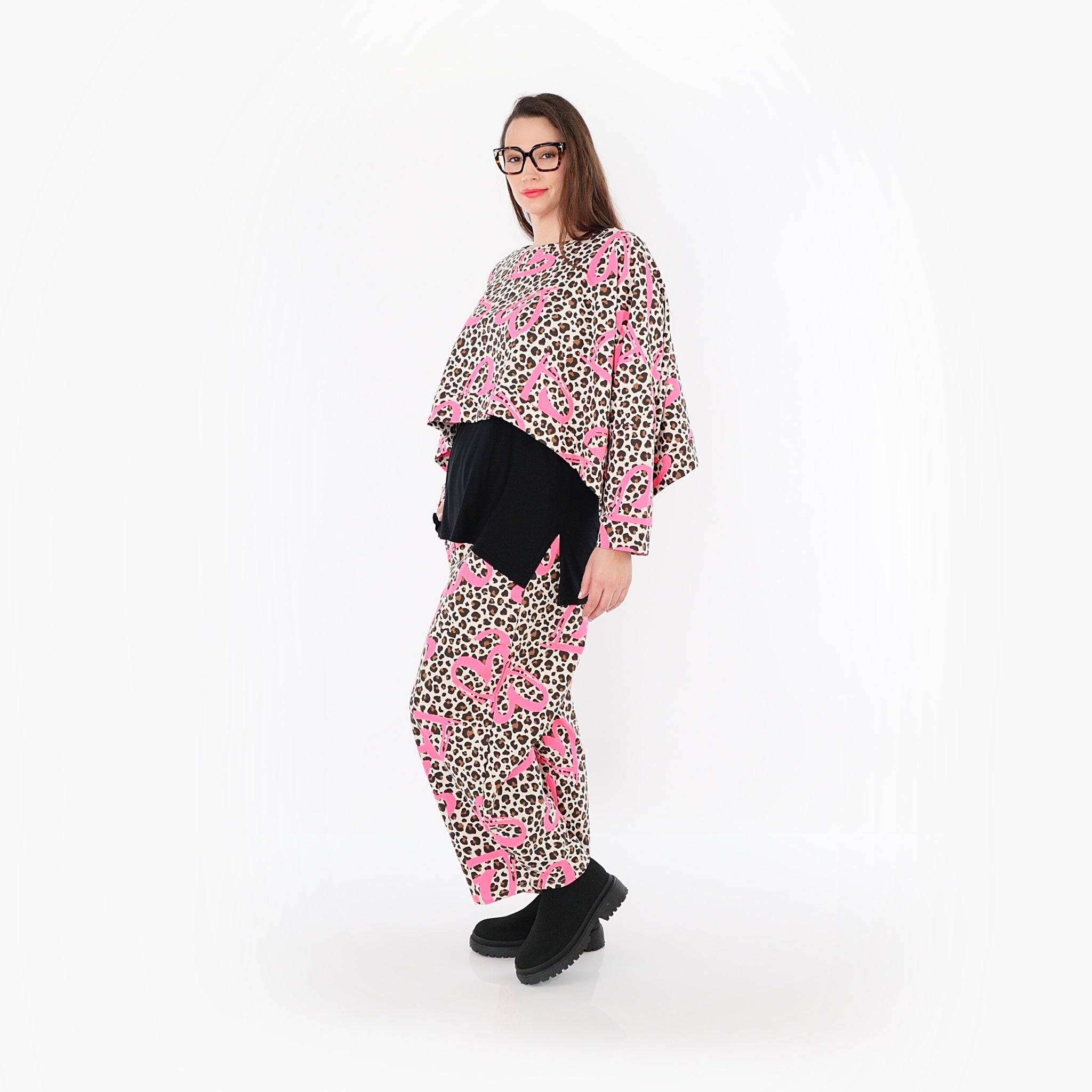  AKH Fashion Hose in gerader Form, aus Baumwolle, 1513.07121, Beige/Braun/Fuchsia, Leopard