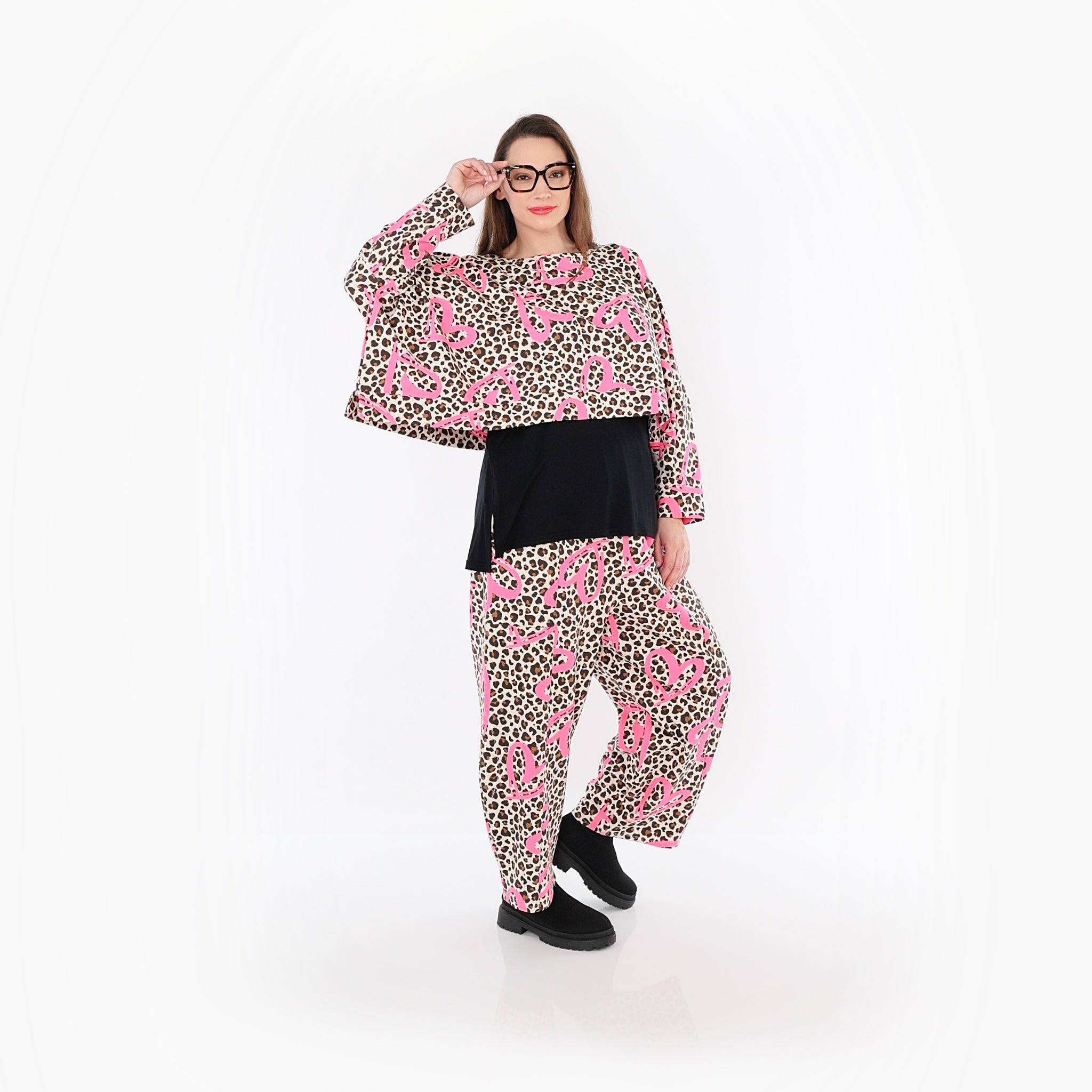  AKH Fashion Hose in gerader Form, aus Baumwolle, 1513.07121, Beige/Braun/Fuchsia, Leopard