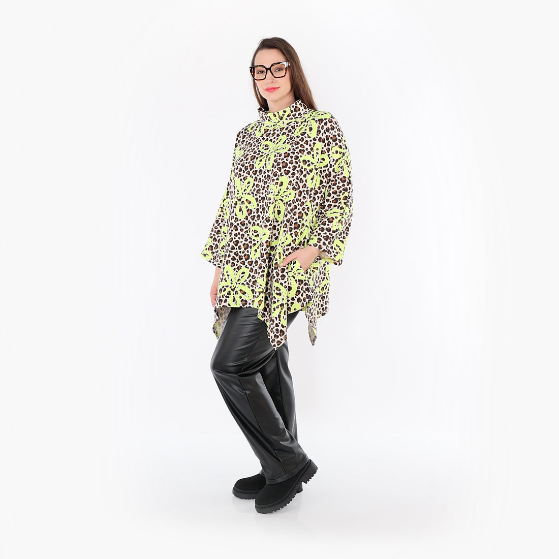  A-Form Bigshirt von AKH Fashion aus Baumwolle, 1514.07123, Beige/Braun/Neongrün, Leopard