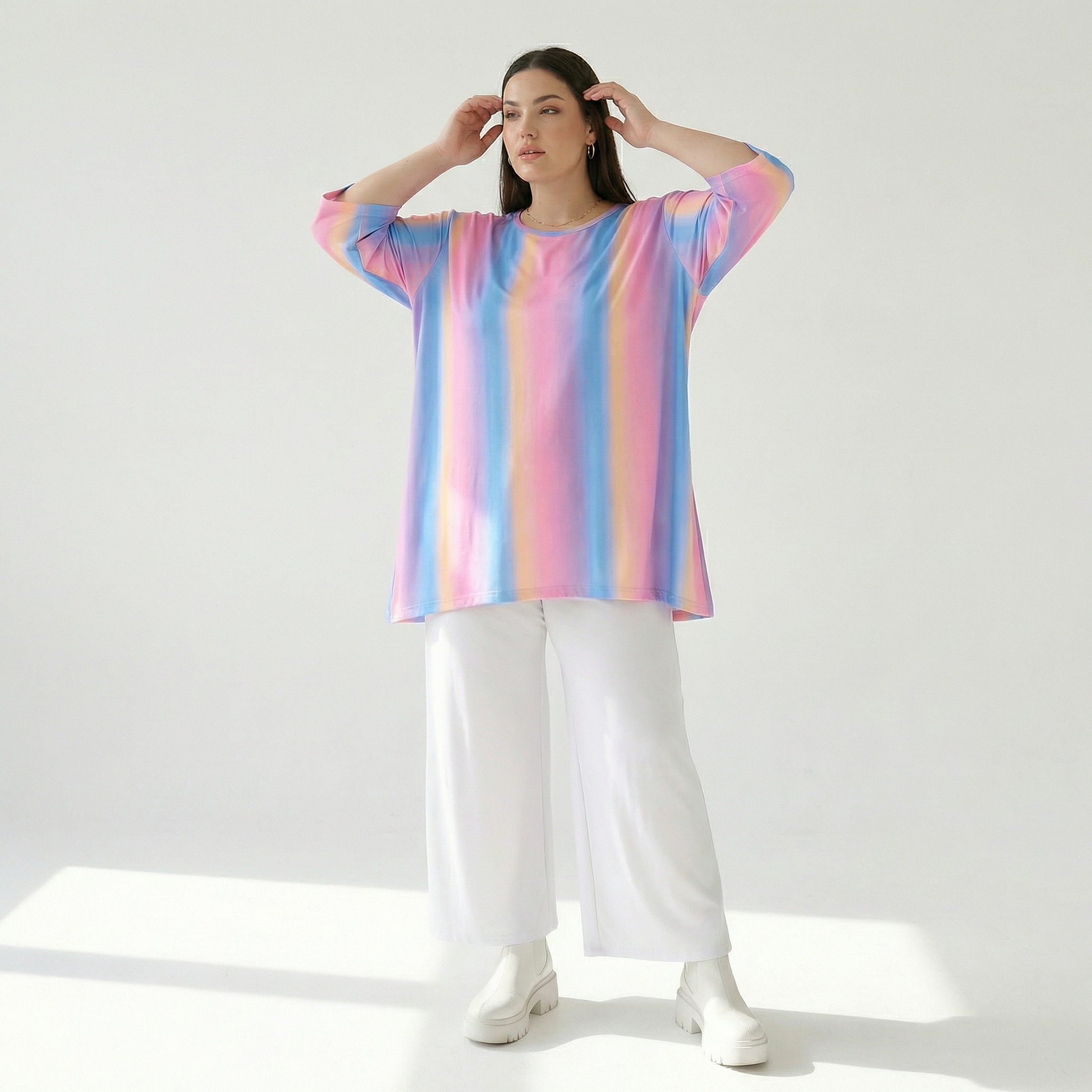  A-Form Bigshirt von AKH Fashion aus Baumwolle, 1306.00593, Pink-Blau-Orange, Farbmix, Schick