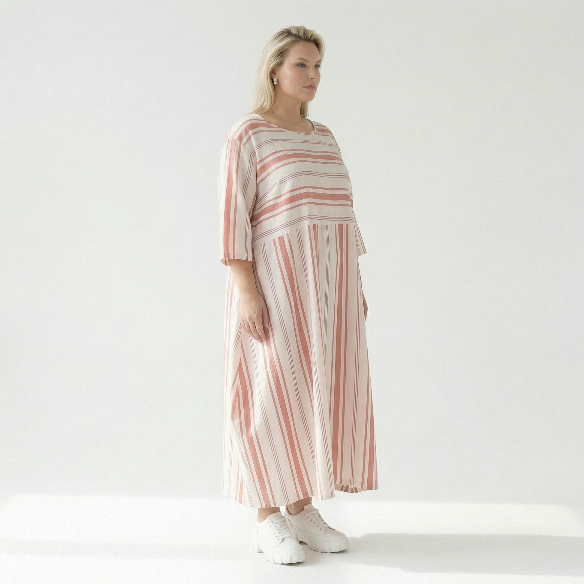  Ballonkleid von AKH Fashion aus Baumwolle, 1420.01926, Weiß/Apricot, Blockstreifen, Schick