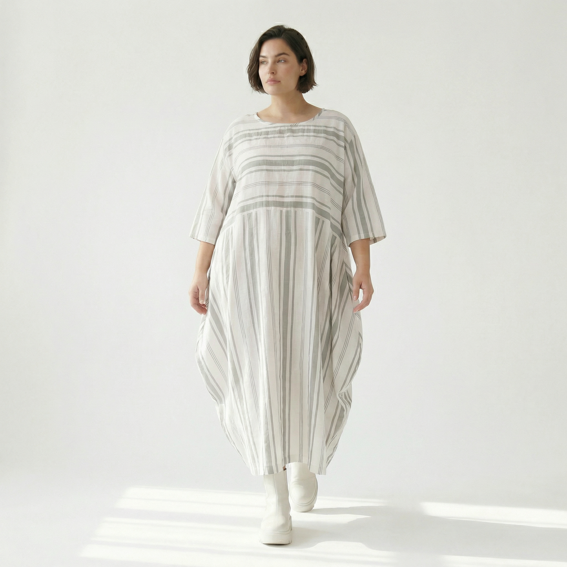  Ballonkleid von AKH Fashion aus Baumwolle, 1420.01926, Weiß/Kiwi, Blockstreifen, Schick